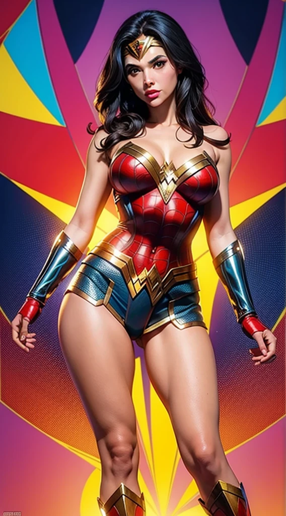 Wonder Woman (big tits) in the style of Spider-Man, masterpiece, best quality, abstract, psychedelic, neon, (honeycomb pattern), (creative:1.3), sy3, SMM, fantasy00d