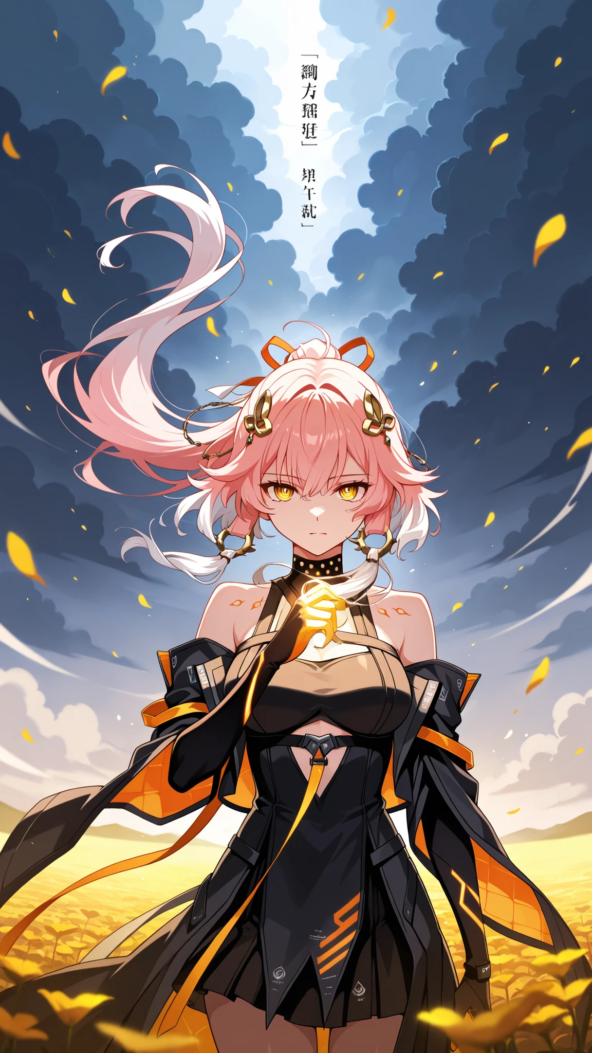 BREAK (masterpiece:1.2), best quality, high resolution, unity 8k wallpaper, (illustration:0.8), Dark poppy field under swirling storm clouds,
wind violently shaking the flowers,
dust and petals in the air,
ominous tension, anime cinematic style,
by CoMix Wave Films, detailed, changli-wuwa,pink hair, white hair, multicolored hair, hair ornament,yellow eyes,long hair,bare shoulder,looking at viewer,cowboy shot,wide-angel,floating hair,side photo