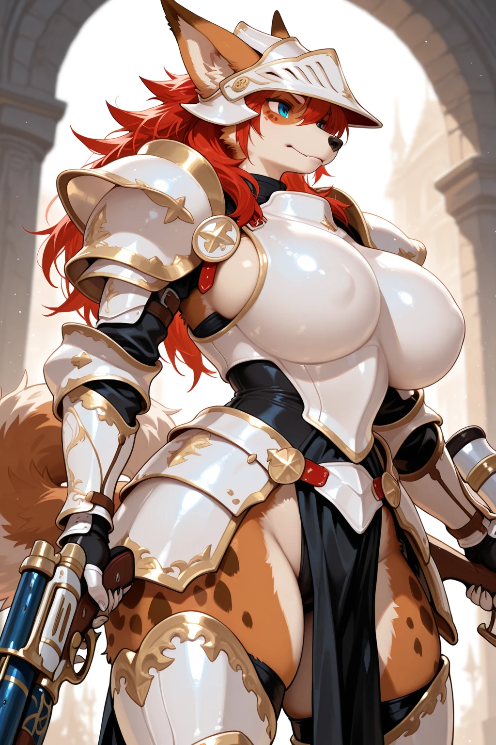 score_9, score_8_up, score_7_up,  (An Anthro furry wolf girl, golden blonde furry body, red hair, wolf snout, black nose, MaleniaDef, helmet, covered eyes, covered eyes, single mechanical arm, prosthesis), naked, nipples, majestically posing, one hand on her arm, simple brown background, upper body shot, rear view, rotted skin and flesh on her back