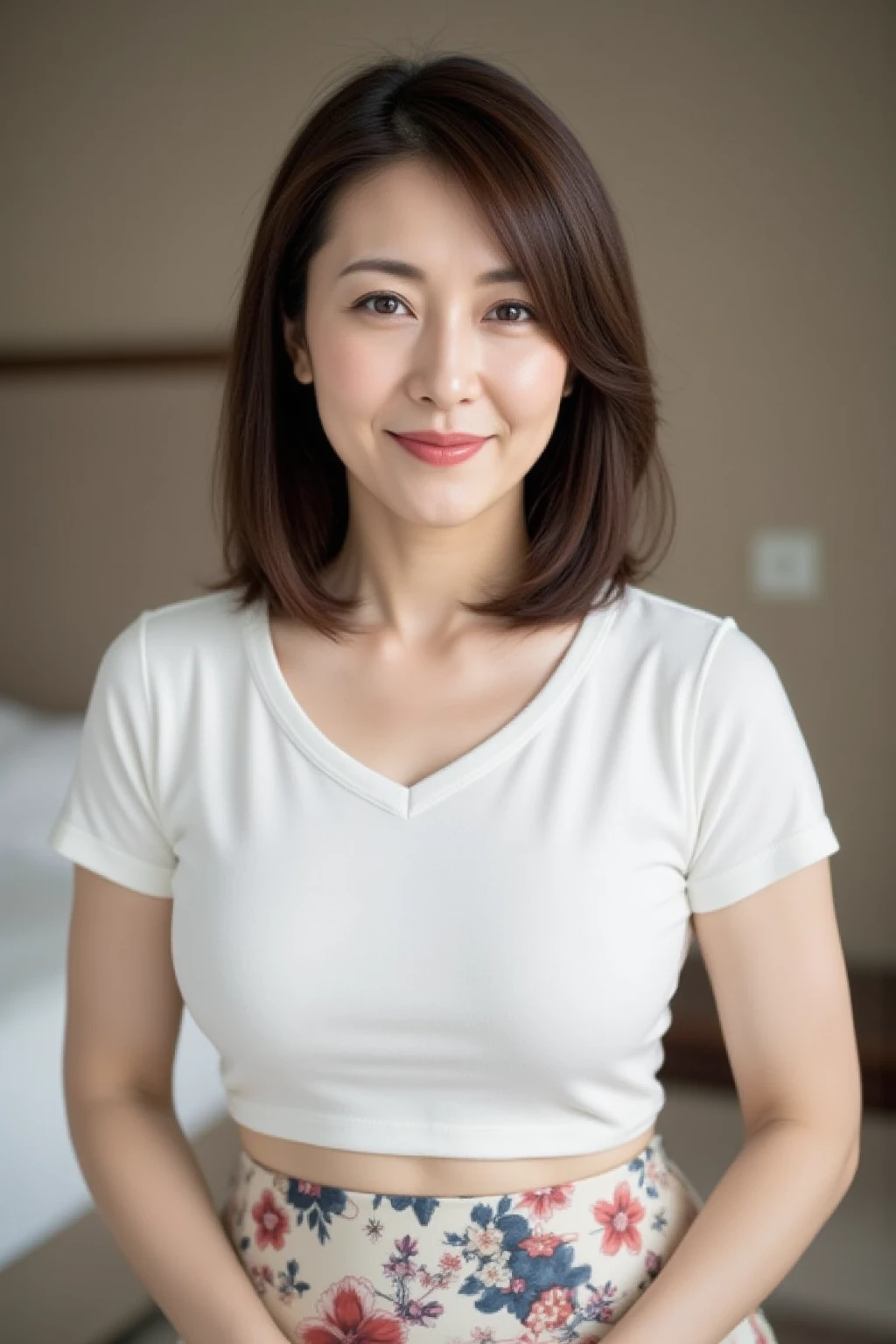 (masterpiece:1.4),(63-year-old woman:1.5),(facial wrinkles 1.2), (hair tied up : 1), smirking, sneering, maternal, Mature Woman, (dressed as a nurse : 1.2), (white Short sleeve uniform of nurse with single front zipper : 1.3), acnes, skin blemishes, fleckles, hospital, bed, (muscular arms : 1.4), (thick arms : 1.3), (arms folded in front : 1.3), bright lighting
