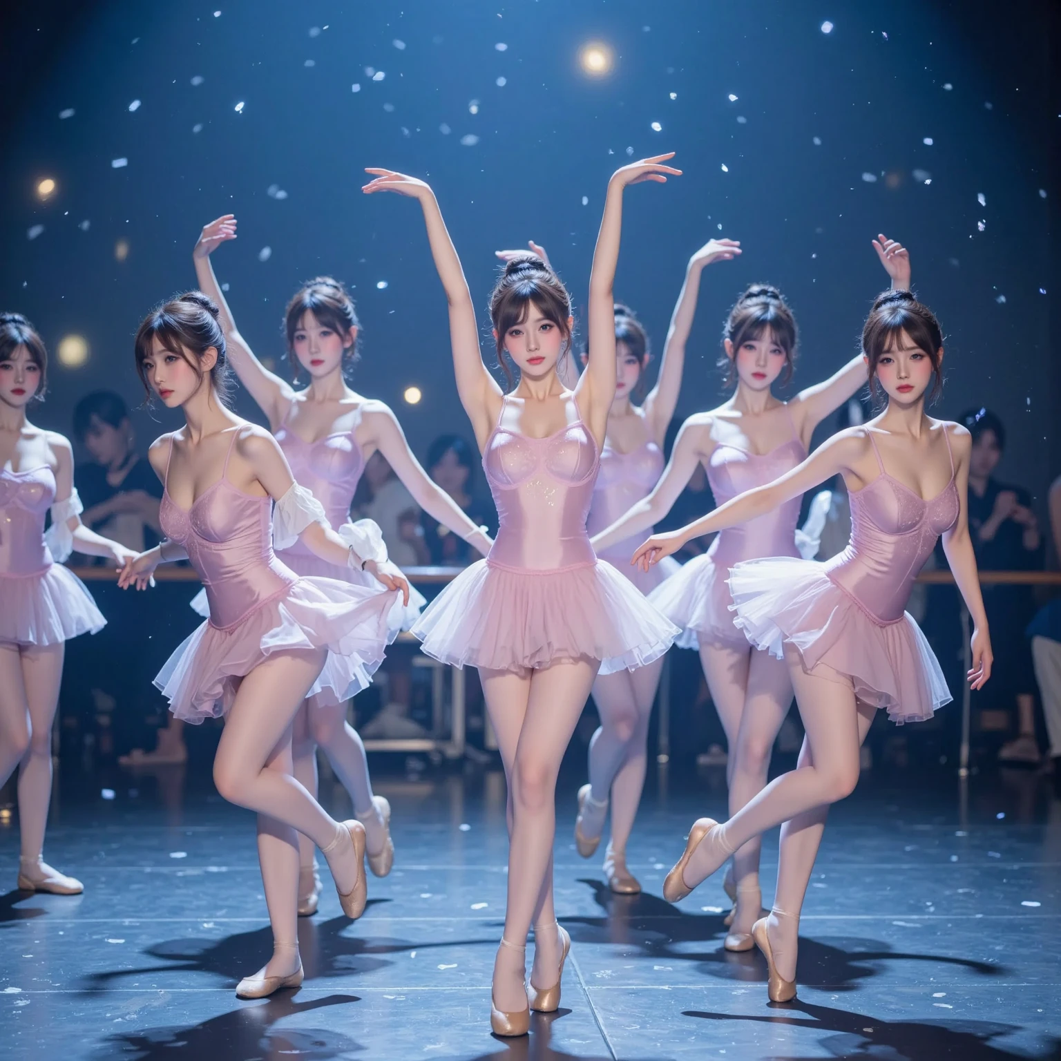 SFW, ExtremelyDetailed (((Kawaii Ballet Girls Group in a row:1.37))), Childish perfect face, Reflective Eyes, Detailed(Delicate Clothing textures), Dynamic Joyful Expressions LifeLike Rendering, (Specular Reflection:0.2), TopQuality 8K Ultra-detailed masterpiece (ProfessionalPhoto:1.37), (Acutance:0.8), (Luminism:1.28), (Light particles:0.75), (Muscle:-0.5), facing away (from side ) (Clearly visible Beautiful hip shape)