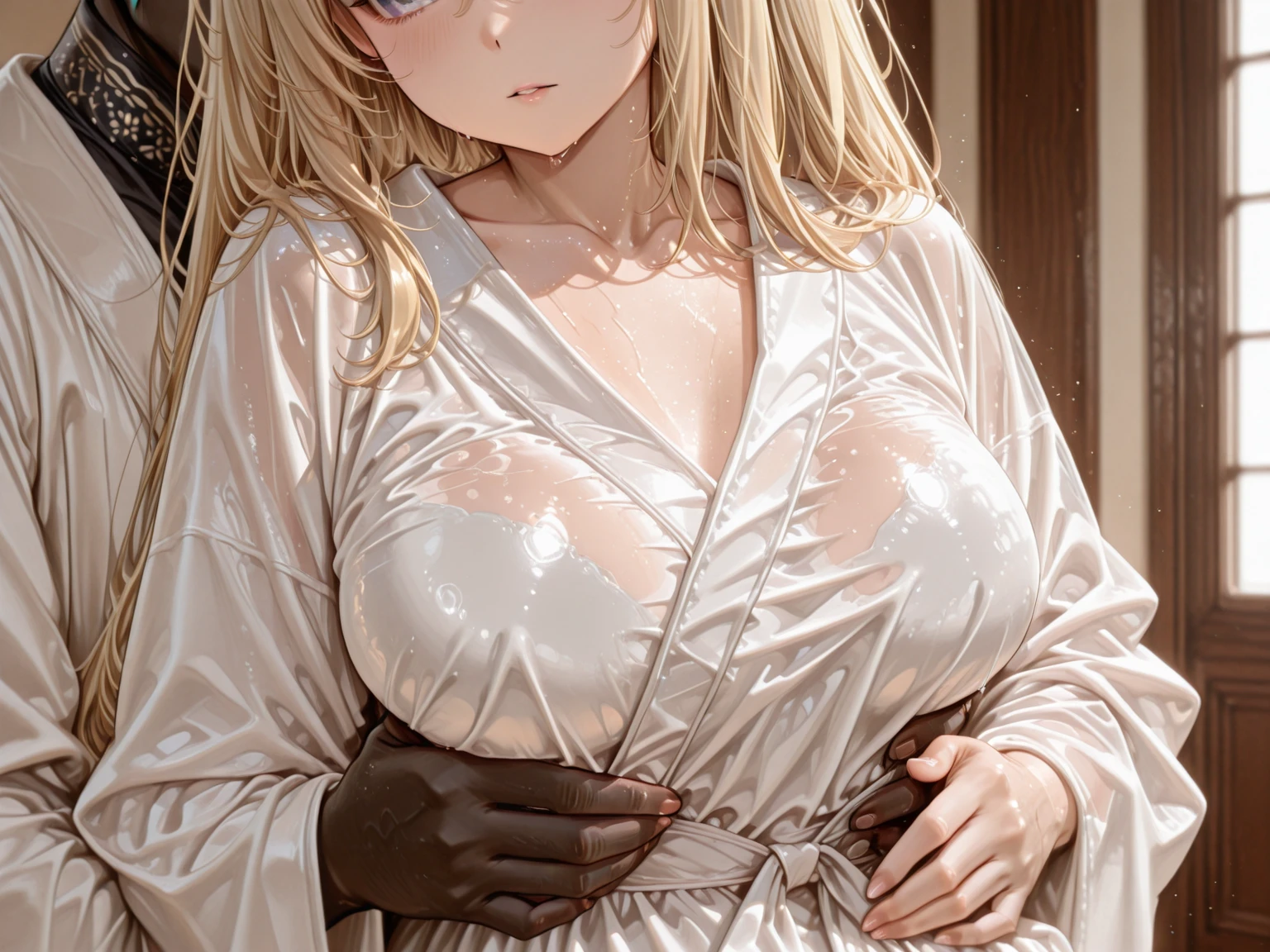 The woman is pushed down on a large bed and naked men put their dicks into her pussy and ejaculate a lot, rape her, groping her all over, gang-raping her, and a lot of semen overflows from her pussy.、((Highest quality)), ((masterpiece)), (detailed), （Perfect Face）、The woman is a Thai thai woman, wearing a gorgeous and glittering Thai traditional dress called Siwalai with gold embroidery in the streets of Thailand, and is wearing gorgeous jeweled accessories and an engagement ring.、The woman is an elegant Thai lady with green eyes and medium-long blonde hair. She is a Thai lady wearing a luxurious siwalai.