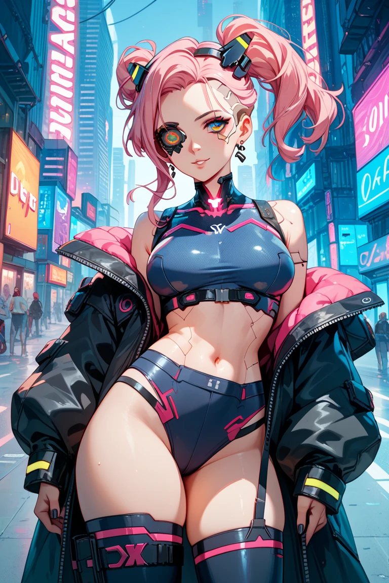 a woman in a pink bikini and black jacket standing on the street, cyberpunk art style, cyberpunk 2 0 years. o model girl, hyper-realistic cyberpunk style, Cyberpunk vibes, cyberpunk style , Hyper realistic, cyberpunk beautiful girl, cyberpunk art ultrarealistic 8k, cyberpunk girl, cyberpunk art, female cyberpunk anime girl, in cyberpunk style, Judy Alvarez Cyberpunk