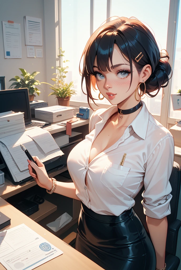 masterpiece、high resolution 8k、NSFW、Colorful light lighting、sharp focus、fine skin、table top、 highest quality、Ultra - High resolution、Super high resolution、Highly detailed CG、theme,full body shot、office room with bosany large monitors、Computer on desk、transaction、document、stock、chart screen、Female OL、woman bending down document、beautiful black eyes、(Detailed face and iace:1 2)、Clean pupils、almond eye)、(reddish brown hair、Medium short ponytail、high top fade:1.3、asymmetrical bangs)、(id card strap)、(Blazer for office wear shortage、white cutter shirt、black pencil skirt、pumps)、(gross、glossy lips、 size) 、(oval face : 1.4)、(thin fingers、fine arms、detailed human hand)、laughter、open your mouth、teeth visible, sexy lady, big ass, big milk, short skirt, close-fitting, high sexual, aurora and stars background, night sky, black sexy stocking, black underwear