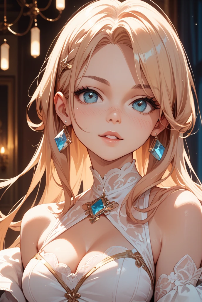 masterpiece*portrait, realistic, (photo realistic:1.4), (masterpiece, side-lighting, shining blonde hair, beautifully detailed eyes: 1.2), 3D anime, face, glowing eyes, shiny hair, shiny skin, alone, beautiful very large breasts, embarrassing, cleavage, charming earrings