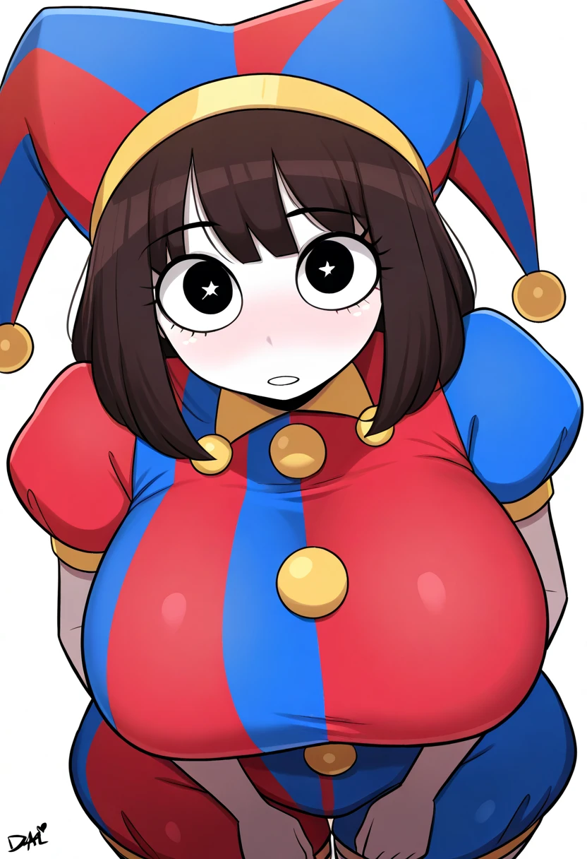 masterpiece, highest quality, best quality, 1girl, solo, looking at viewer, (large breasts:1.2), huge breasts,
black hair, blue eyes, blue footwear, blue gloves, flying sweatdrops, gloves, hanenosaki, hat, hat bell, highres, jester, jester cap, multicolored clothes, multicolored eyes, multicolored headwear, pomni (the amazing digital circus), red eyes, red footwear, red gloves, solo, standing, sweatdrop, tearing up, <lora:Pomni_civit:1>
lozhkin, accurate teeth with gaps, smiling, open mouth, <lora:lozhkin_V1:0.6>