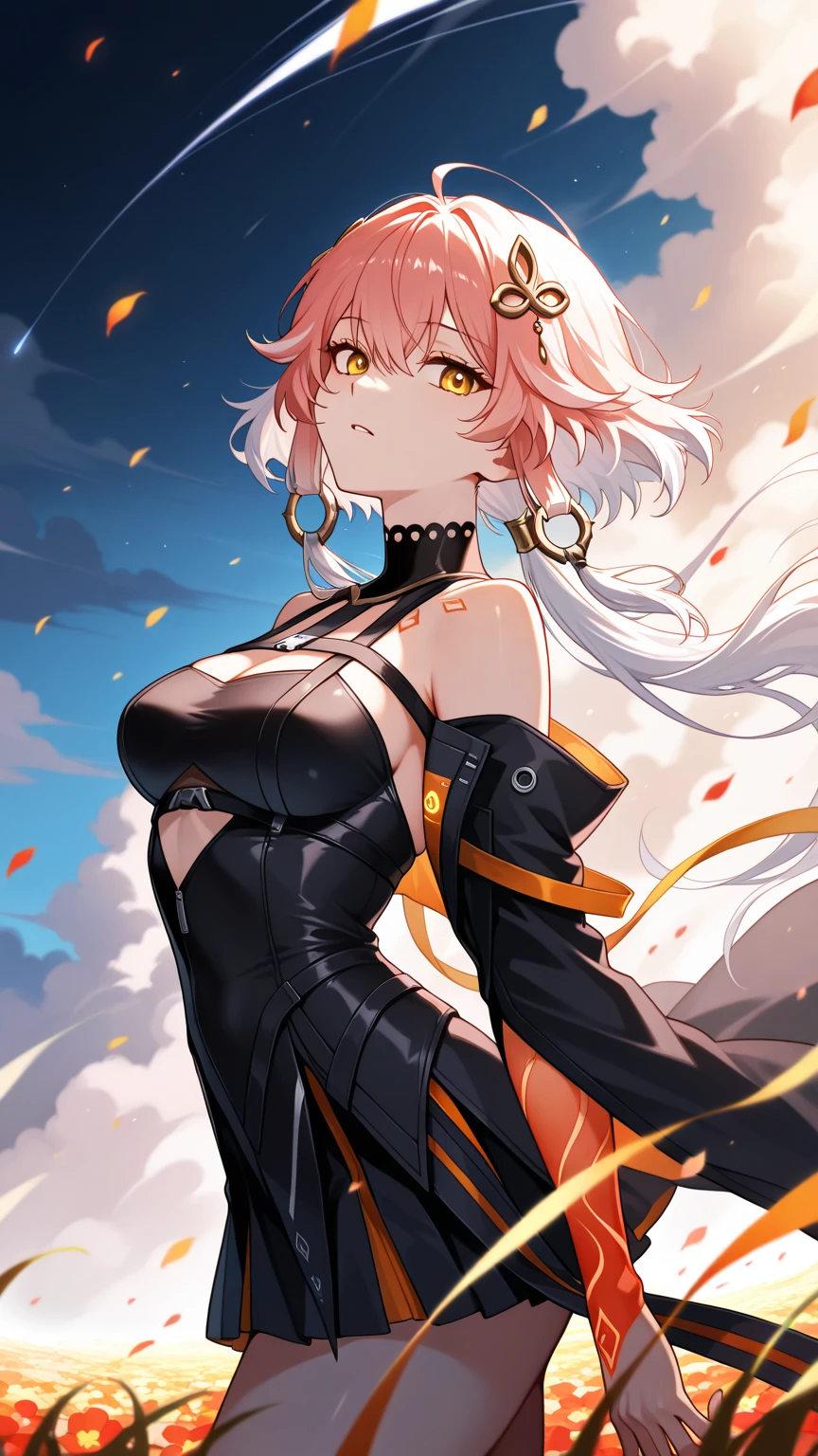 ((extremely detailed CG unity 8k, masterpiece, best quality, ultra-detailed)), 4k, 8k, (high quality:1.1), highly detailed, detailed face, HDR, vivid colors, natural lighting, pretty eyes, detailed eyes, colorful eyes, beautiful face,  Original Characters, Natural Volumetric Lighting And Best Shadows, Deep Depth Of Field,  reflection, beautiful, detailed clothes, shiny skin, 1girl, mini skirt, (blush face:1.5), short red hair with cat ears, yellow jacket, pretty small breast, pink eyes, cyberpunk city on the background