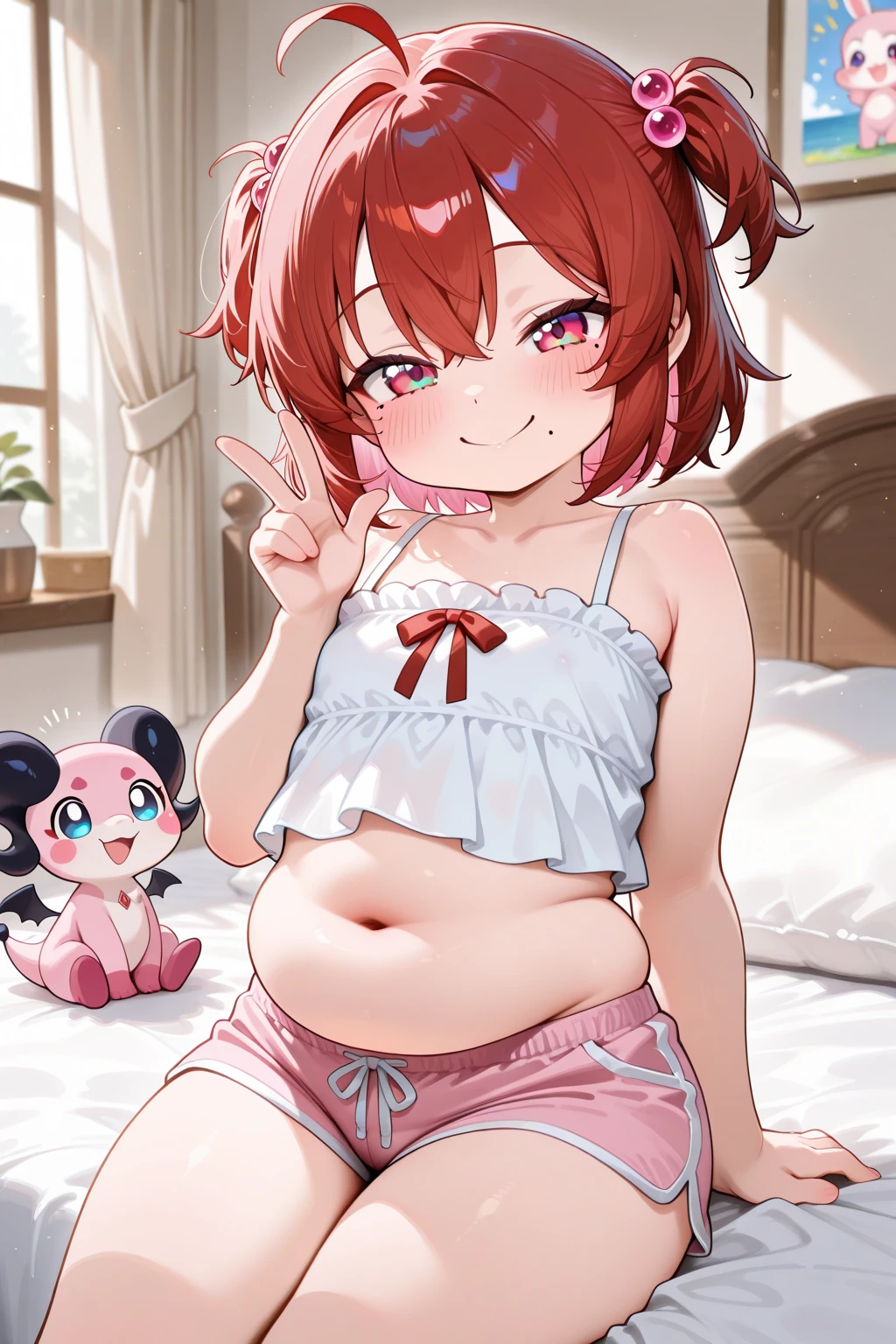 Red hair, green eyes, Anniedef, short hair, naked, white background, smoll stature, flat cheast, flat tits, show pussy, unclothed. medium thighs, small breasts, 1 girl, one girl, Open mouth, small stomach, curvy waist, round butt, show tits, small belly, clear skin, 1 girl, cute girl, smoll tits, white baggy shorts, curvy waist, good butt, (panty pulling), white dress, white nightgown, black eyeshadow, fake bear ears, long white stockings, angry, one girl, pink pussy, view from behind, see from behind, bed, show butt, kneeling on the bed, view butt, lying on the bed, butt up, 1 girl, 1 girl