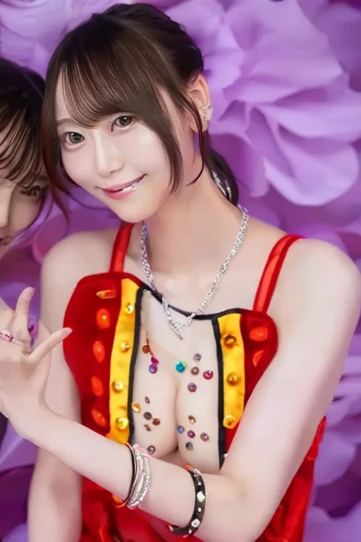 Nude,nude,(topless),(Nipples are visible),vulgarity,public indecency,(From above),Flat Chest,(Slim body),((Slim body)),ショートBob ,Bob,Straight Bangs,ショートBob,坊主Bob,Bobヘアー,Embarrassing,masterpiece,diamond、Earrings,background of fantasy,(((Purple Hair)))、Hair between the eyes, hair ornaments, ヘアribbon, One side up, Purple Hair, ウサギのhair ornaments,Symbol-shaped pupil,Brake belt, Black belt, brooch, dress, ((ピンクと赤のdress, Frillsのdress)), Ruffled gloves, Frills, gloves, ハートbrooch, Idol, Idol clothes, jewelry, Pink gloves, 赤いribbon, ribbon, タートルネックdress,break looking at viewer,Indoor break,break (Tabletop:1.2), Highest quality, High resolution, unity 8k wallpaper, (shape:0.8), (Beautiful details:1.6), Highly detailed face, Perfect lighting, Extremely detailed CG, (Perfect hands, Perfect Anatomy),Laughing with your mouth open、Concert Venues、live house、stage、Cowboy Shot