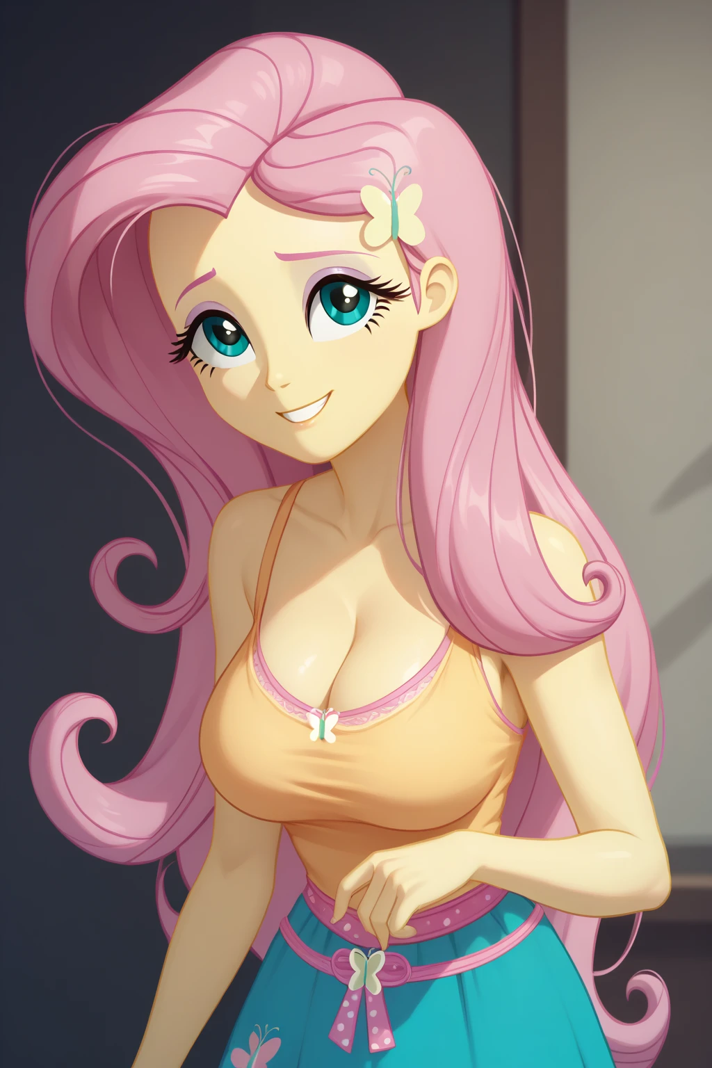 blush, glowing aura, natural light, masterpiece, glossy skin, juicy lips , ,sexy, hot, , evil,juicy lips, bimbo, hour glass, wide eyes, massive boobs, dark lighting, long hair, bimbo, cute, evil smile, (pastel pink wavey hair), (((fluttershy))), my little pony