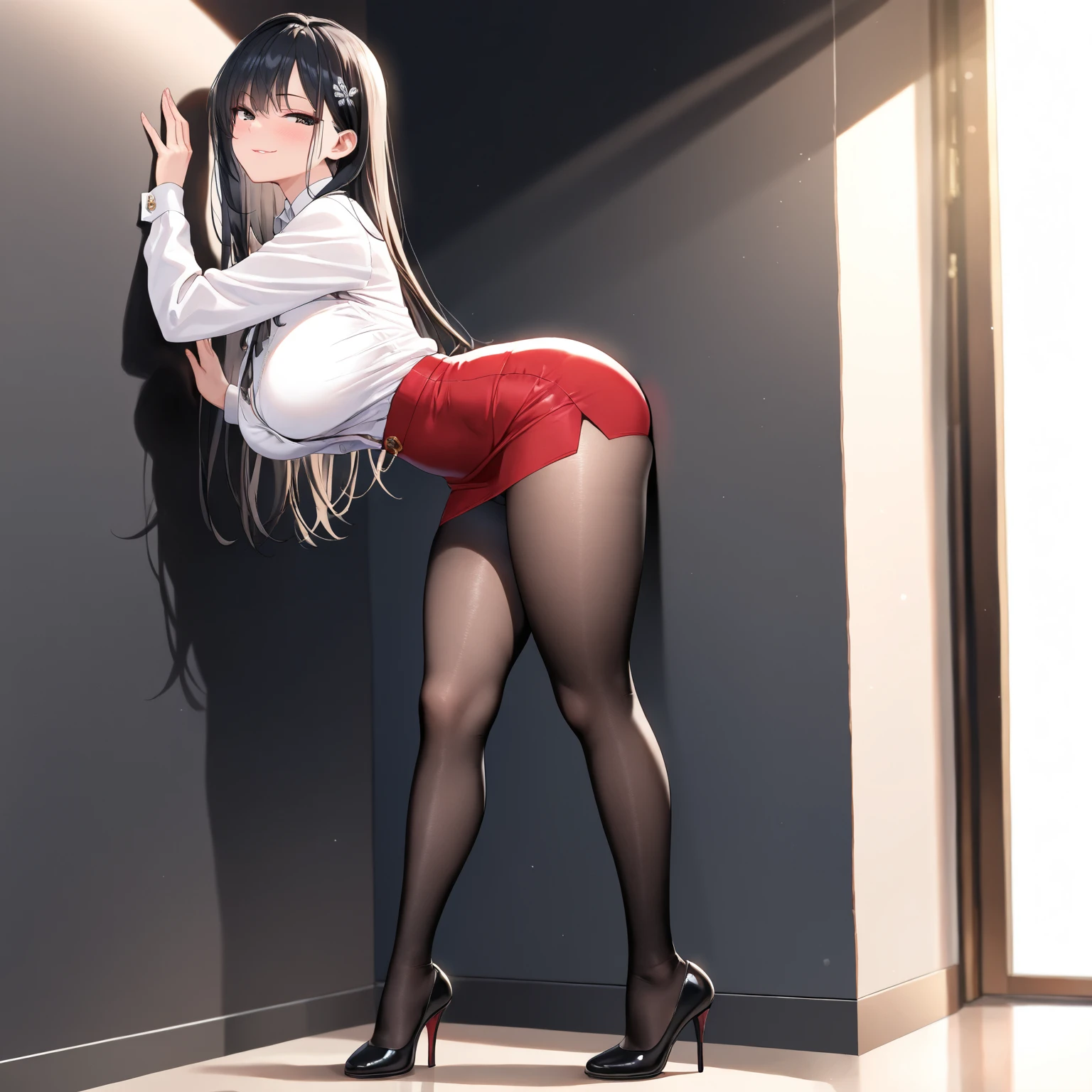 rintohsaka, rin tohsaka kyockcho, aqua eyes, (black hair:1.5), hair ribbon, long hair, ribbon, sidelocks, two side up, (parted bangs:1.5),
BREAK black skirt, long sleeves, miniskirt, pleated skirt, (red sweater:1.5), skirt, sweater, thighhighs, turtleneck,
BREAK indoors, classroom,school,desk,tables,
BREAK looking at viewer,
BREAK (masterpiece:1.2), best quality, high resolution, unity 8k wallpaper, (illustration:0.8), (beautiful detailed eyes:1.6), extremely detailed face, perfect lighting, extremely detailed CG, (perfect hands, perfect anatomy),standing, from behind,back view photo,full body,long legs,skinny fit, shows panties,upskirt,sexy panties,lace panties, bend over,shows ass,pantyhose.