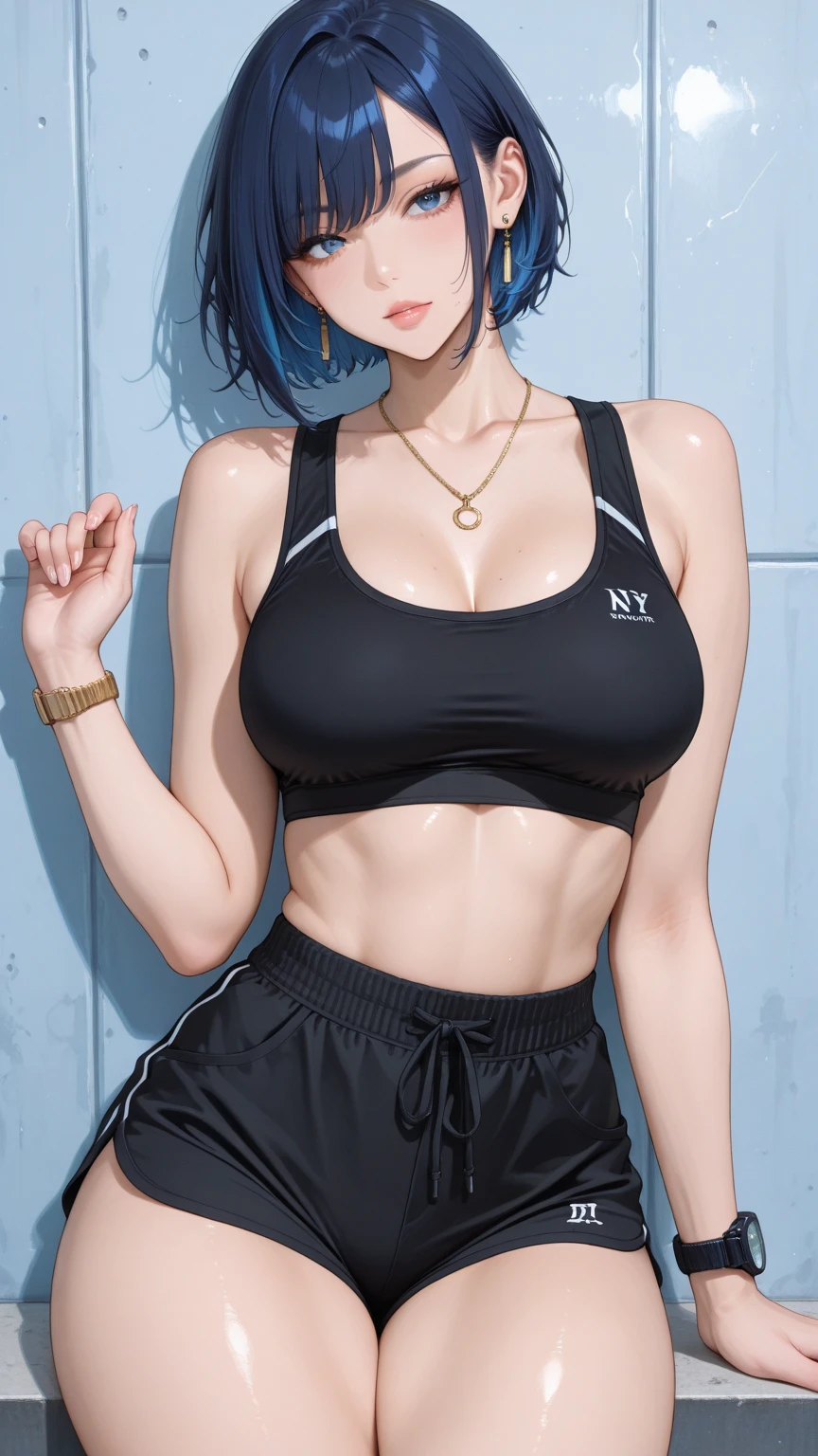 ((((masterpiece, best quality, high resolution)))), Extremely detailed 8K, Beautiful girl with voluptuous body, (Ultra HD, Ultra-detailed, Highly detailed, Highly realistic, Ultra-realistic, photograph realistic), (1girl:1.5), (Realistic blue hair), (short wavy hair, hair ornaments, earrings), (dynamic poses), facing at camera, looking at viewer, (blushing red, embarrassed, smile), (blue eyes, sharp eyes), (big perky breasts:1.2), (beautiful detailed face, beautiful detailed eyes), ((black sports bra, black yoga pants)), (detail pussy), (standing up), arms up, sweat, glow, (night time), ((cowboy shot)), bedroom, seductive