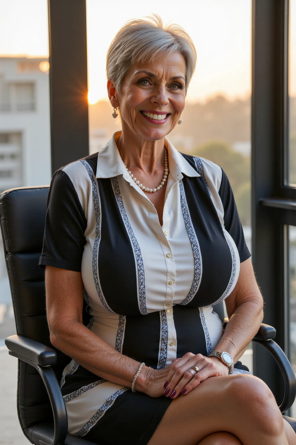 1 mature woman in, age70, Solo, medium casual grey hair, bob hairstyles, (wearing elegant patterned white tie tube collared shirt), Colossal breasts, deep cleavage curvaceous forms, curvy body, Looking at Viewer, grayhair, Bare shoulders, Brown eyes, jewely, Full body, a necklace, off shoulders, 4k, 8K, Realistic, shoot this image in high resolution with a 35mm lens to get a good perspective. A sexy, full body, She sitting on office, she sat in the office chair , body full of soap suds, smile Extraordinary Pleasure, big windows city views background  