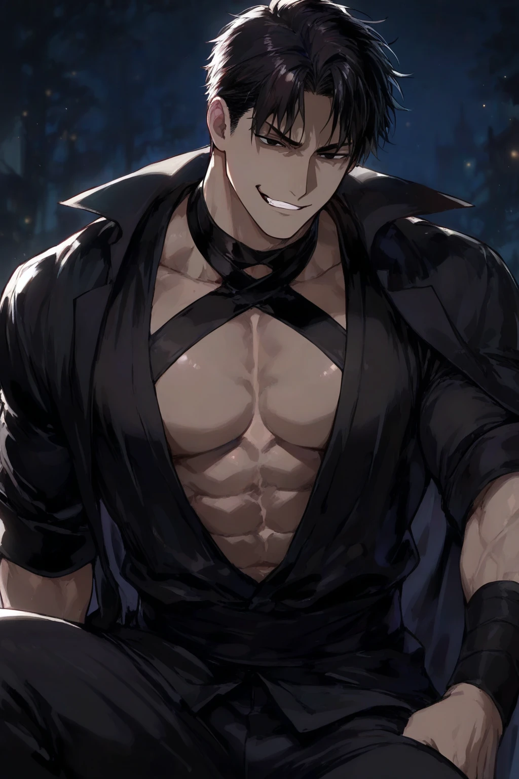 Dibujo hombre anime, blanco y negro, posando sin ropa, big, firm muscles