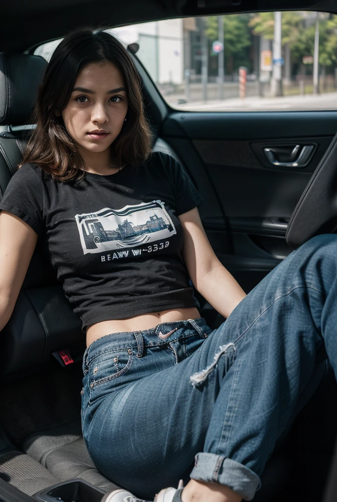 A very beautiful girl with ash-black hair sits near her cool Chevrolet Camaro car.. hands between legs.  She is wearing a gray T-shirt and blue denim shorts... On his feet are black leather high-heeled ankle boots. higly detailed.