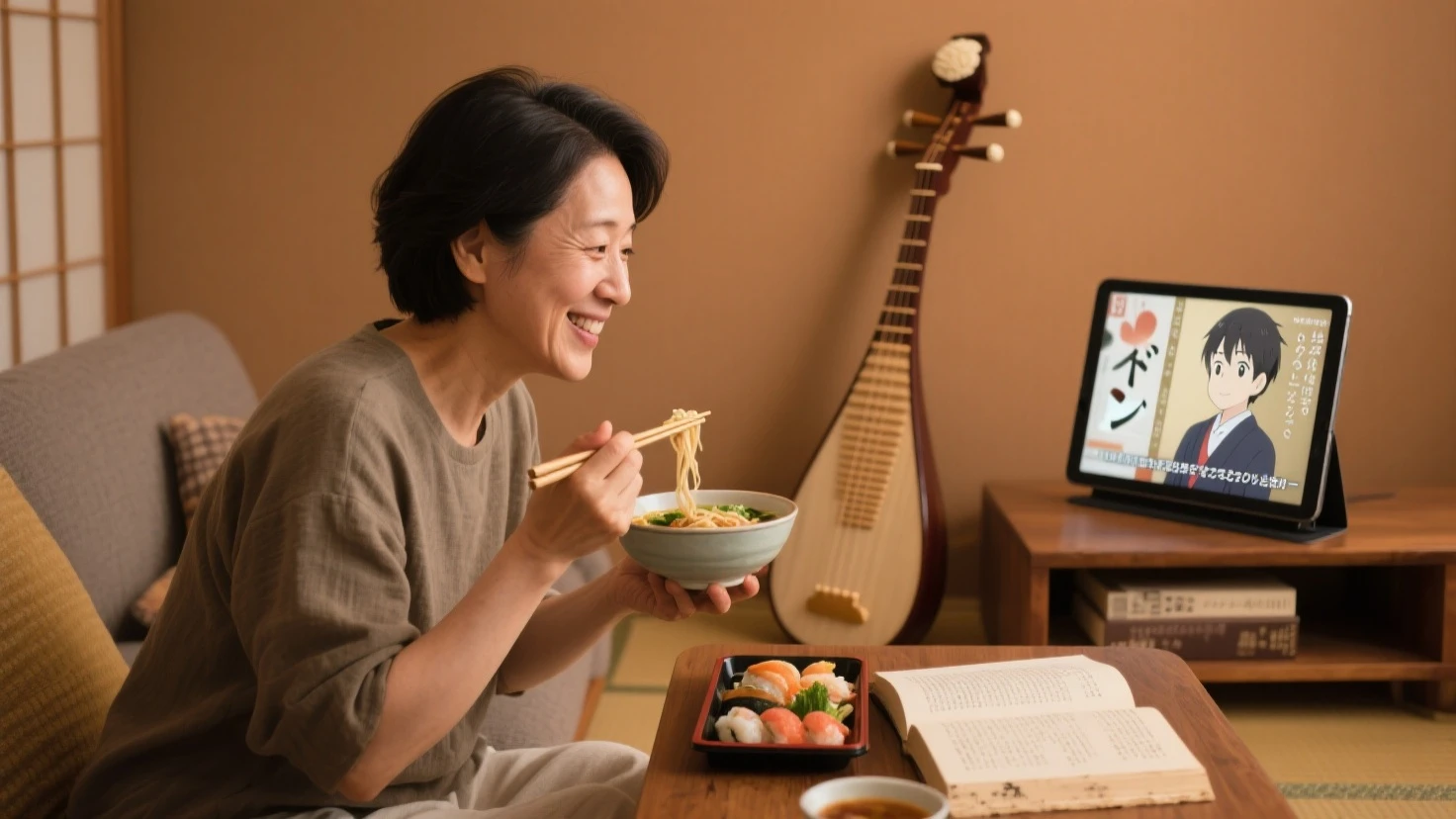 65 years old female
Tea ceremony club advisor
Classics teacher
Suffers from back pain
Hobbies Karaoke especially
Skinny build
Wears red-rimmed glasses