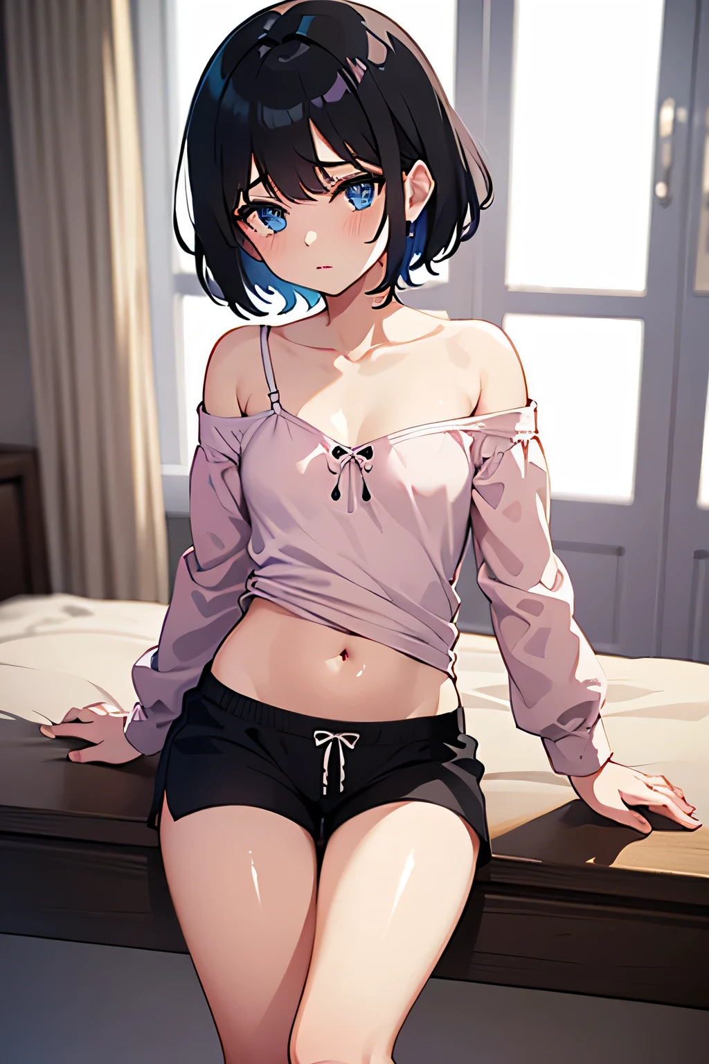 (masterpiece, highest quality:1.2), {best quality}, {very aesthetic}, {ultra-detailed}, {best illustration}, nsfw, squatting, spread legs, knees away,One girl, bed, Bobcut, Bluish black hair、White sleeveless tank top,Blue Denim Shorts,