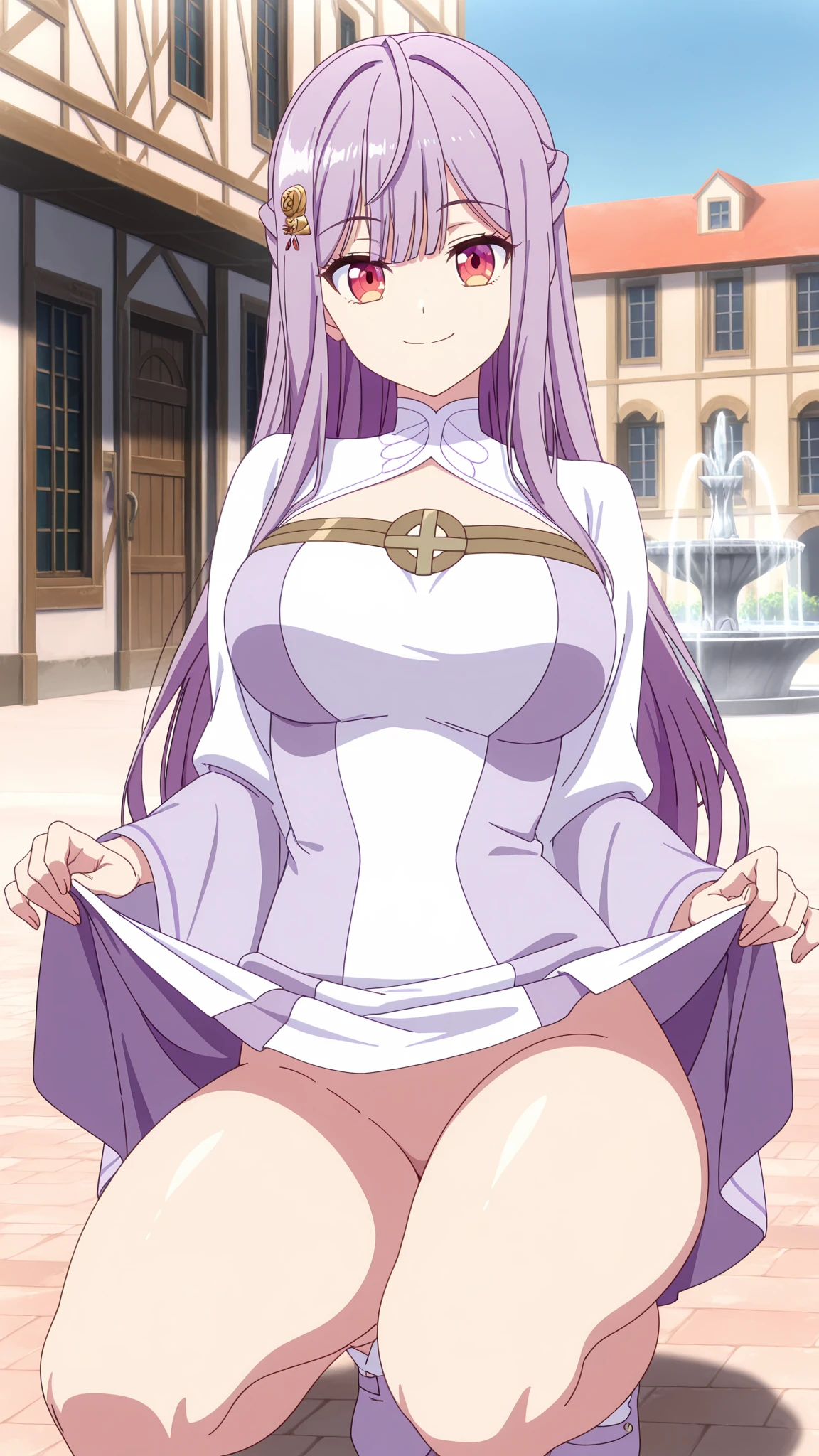 score_9, score_8_up, source_anime Bibl3, mystra, mystra \(baldurs gate\), mystra goddess \(baldurs gate\),1girl, solo, long hair, huge breasts, looking at viewer, smile, dress, jewelry, heavy breasts, breast expansion, closed mouth, standing, purple eyes, purple hair, flower, cowboy shot, earrings, outdoors, tree, vivid lips, groin, no panties, glowing, nature, glowing eyes, pelvic curtain, lifting skirt, detailed pussy, wet pussy, phat_pussy, forehead, arms at sides, internal view(ovulating, ovum).
