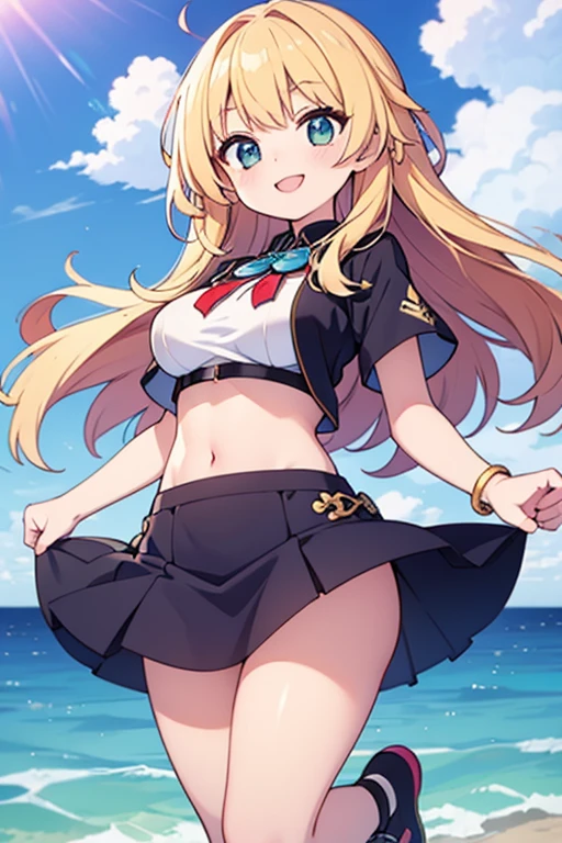 90's anime art style, copyright, Gold Digger, artist Fred Perry, 1girl, Gina Diggers (Character), Smiling, long blonde_hair, blue eyes, round glasses, bikini, at the beach, short sleeved small open jacket, indiana jones Fedora, holding smartphone