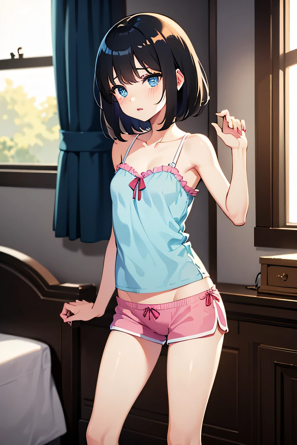 5-year-old girl, in underwear, small breasts, patterned cotton panties, fabric realistic, slip