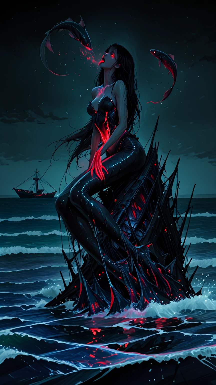 Gloomy naked mermaid, emerging from a cave at the bottom of the sea, shells with black pearls, blood moon