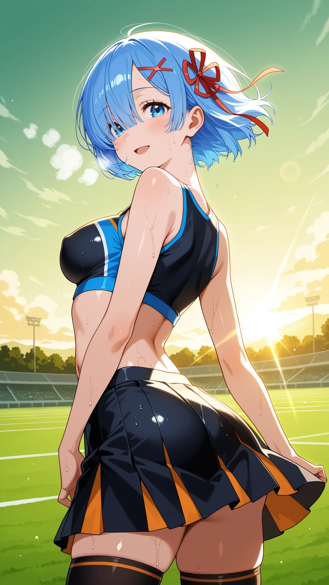 NSFW,masterpiece,Highest quality,High resolution,Super detailed,Star Town Suisei\(Hololive\),Blue Hair,One Side Ponytail,Blue Eyes,Small breasts,Track and field club,Descente Bra Top,Descente One Point Shorts,Mansuji,Erect nipples,Athletics Stadium,truck,smile,blush,(Sweat),Sports Drink,Sitting,Leg spread,During a break