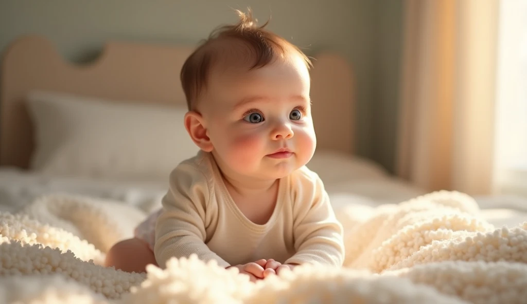 Take a photo of a 3-month-old baby with a pointed nose, thick eyebrows, and handsome bald hair