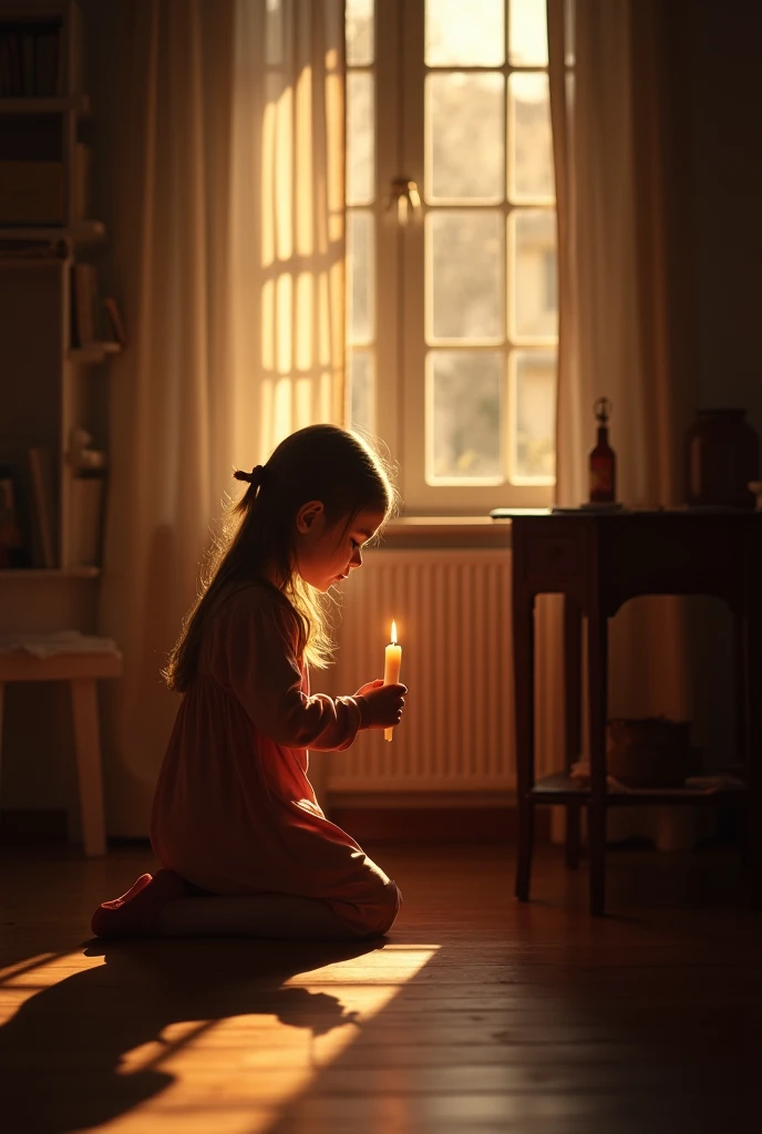girl CHILD 10 years old, Russian blonde in braids, JAQUETA DE COURO AMARELA, VELAS VERMELHAS ACESAS.