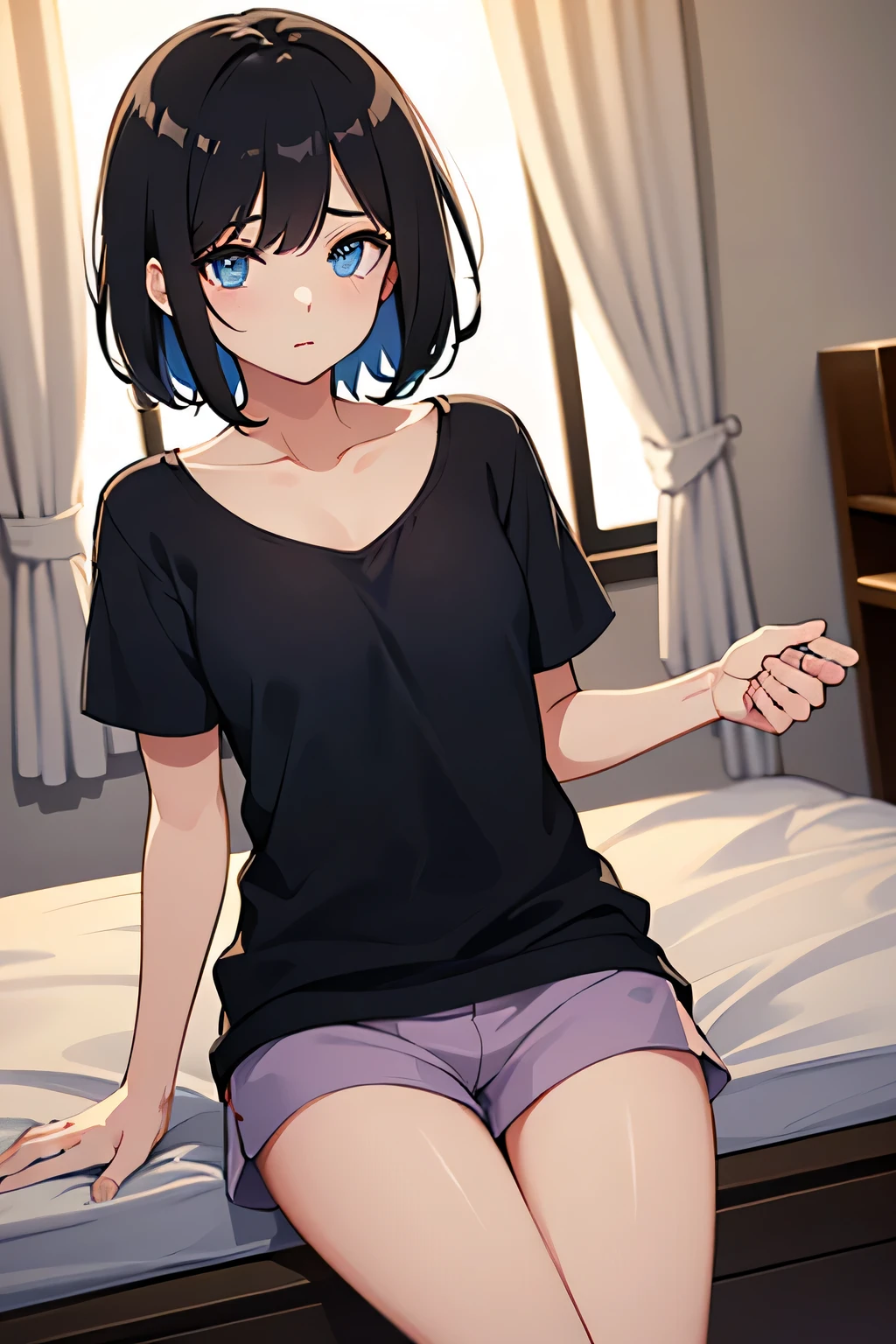 masterpiece, high quality, 8k, beautiful lighting, 1girl, solo, akane, <lora:akanev2:0.7>, white shirt, t-shirt, blue short, sleeveless, looking at viewer, sitting, bedroom,