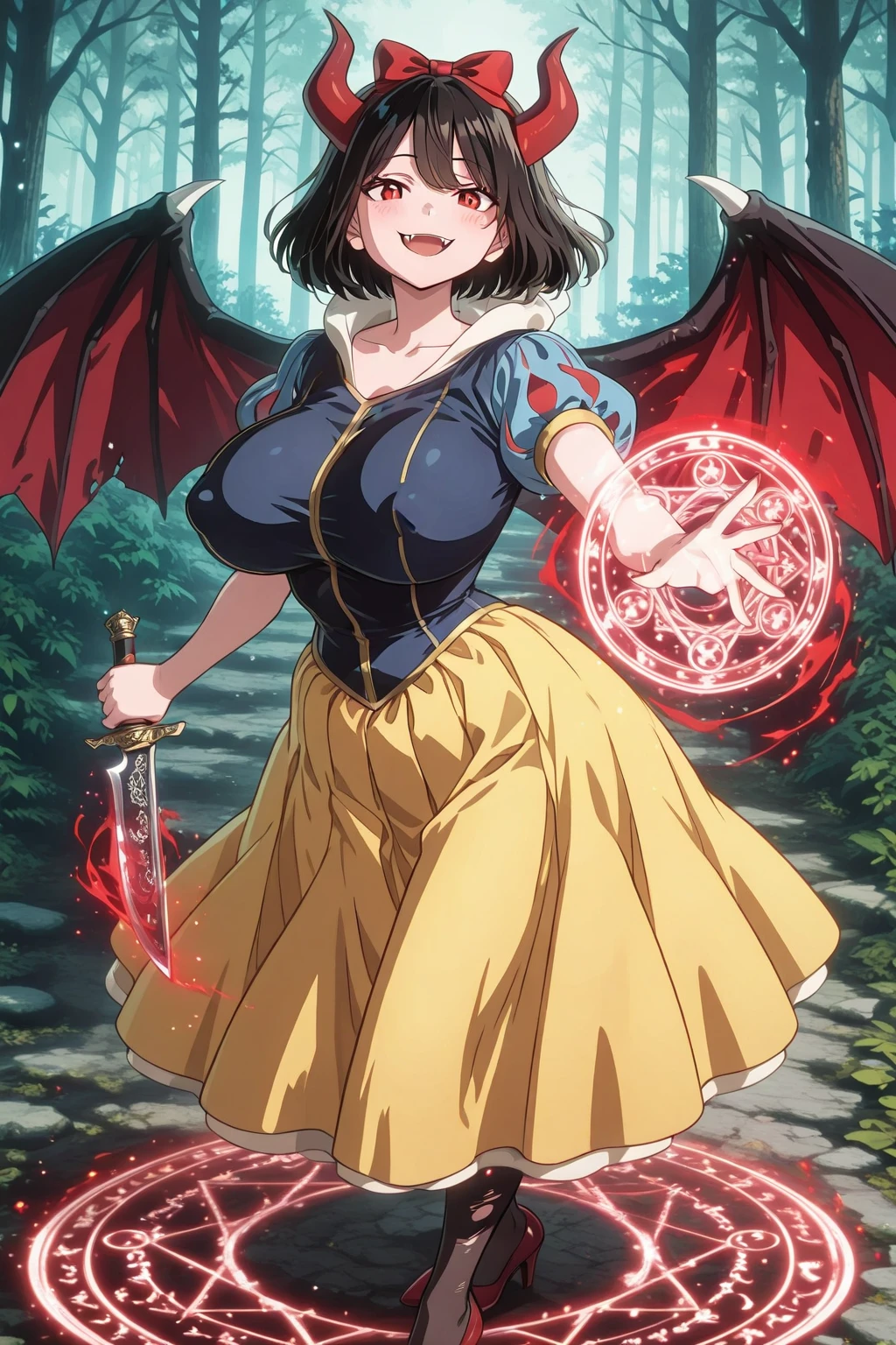 Snow White's dress is iconic and easily recognizable. It features a vibrant blue bodice with a high, white stand-up collar. The sleeves are puffed and striped with red and blue. The skirt is a bright yellow, slit on the side showing her thighs, flowing and full, reaching down to her ankles. The dress is often accessorized with a red ribbon or bow in her hair. The overall look is classic and fairy-tale-like, embodying the innocence and charm of the character, big , deep cleavage, white garter belt 