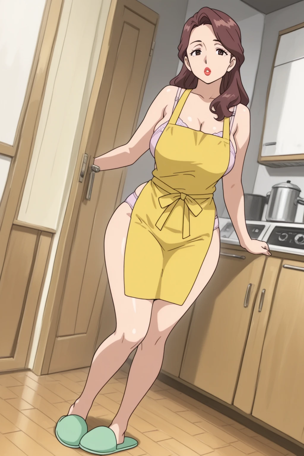 Ranma saotome, cabello rojo corto, ???????????? with breasts, pechos muy grandes, pechos grandes y redondos, hermosos pechos, Senos protuberantes, cuerpo completo, hermosos pechos, usando solo un delantal de cocina pero desnuda, sin ropa interior, senos grandes, caderas anchas, pechos enormes y redondos