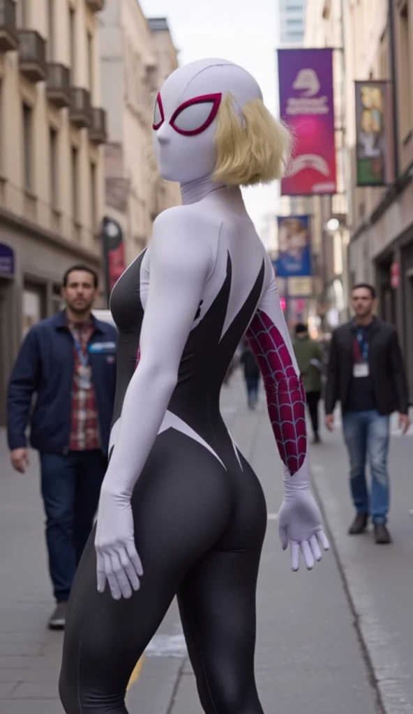 gwen stacy, full body, looking back at viewer