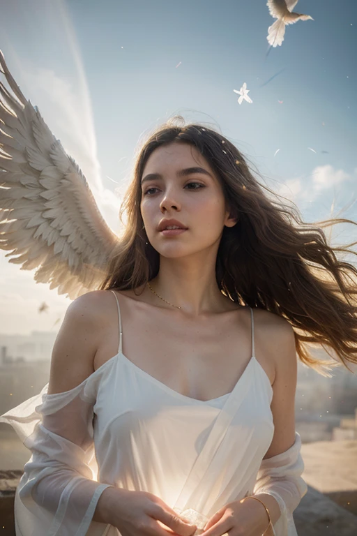 cinematic film still closeup,fantasy,beautiful (ohwx woman:1.3) as a angelic angel goddess with large wings made of liquid mercury on her back hovering in the air,wearing a free flowing liquid metal dress,brown hair,brown eyes,gorgeous smile,looking at viewer,hyperdetailed photography,4k textures,intricate details,8k,new york city street,<lora:cascina_db128_v1_Lora:1>,