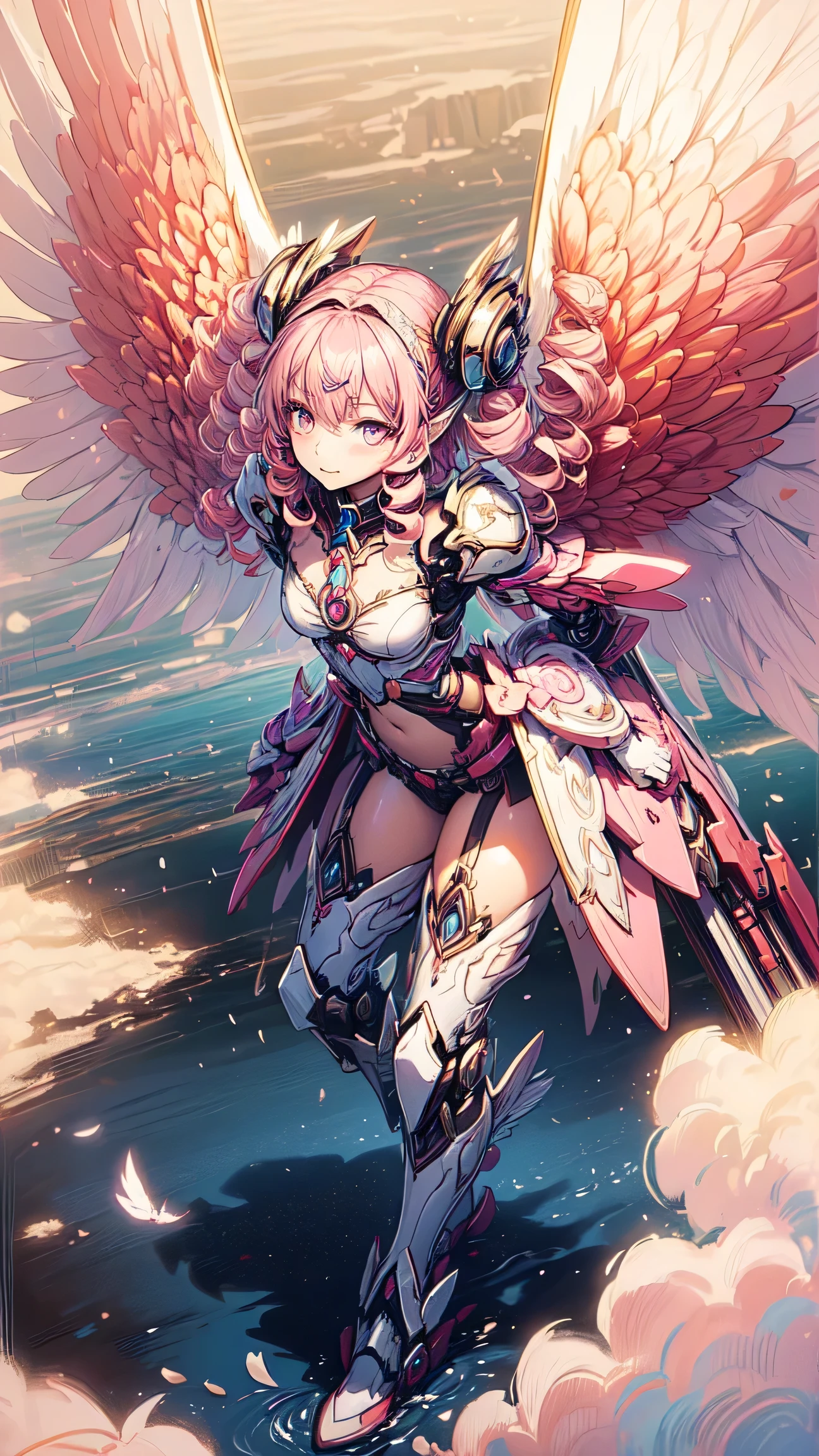 (Perfect Anatomy)、Mastepiece、Ultra High Quality、 8K、masterpiece、Highest quality、Ultra-high resolution、Maximum resolution、Very detailed、Professional Lighting、anime、woman、thin、so beautiful、Highly detailed eye、Highly detailed face、Golden earrings、Pink Hair,、Pink eyes、Mid-chest, pink lips, upper arm pink armor, white leotard, pink pattern, full body, magical girl, Angel Girl, Are standing, pink thigh high stockings, white super long boots, pink gauntlet, high heels, hime cut, bridal hair accessory, (((Summoning a magic sword))), Opening legs outwards, glowing eyes, madeon, Biopunk, Creating wind with wings, (((Forming a magical shield))), Enveloped in a magical aura, Firing magical arrows, spread legs(((attack with sword))), (torn clothes:1.9), (dirt), blood return, (((abrasion)))