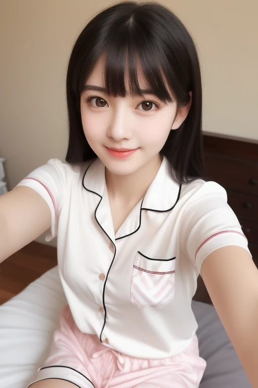 Japanese,6 years old,Baby Face、Ultra-flat chest、Ultra short height、Kissing Face、Flat Chestのクローズアップ、Flat Chest:1.85、cute,Primary school students,White collared pajamas、So small and so young、On the bed:1.85、She gives me good morning kisses:1.85