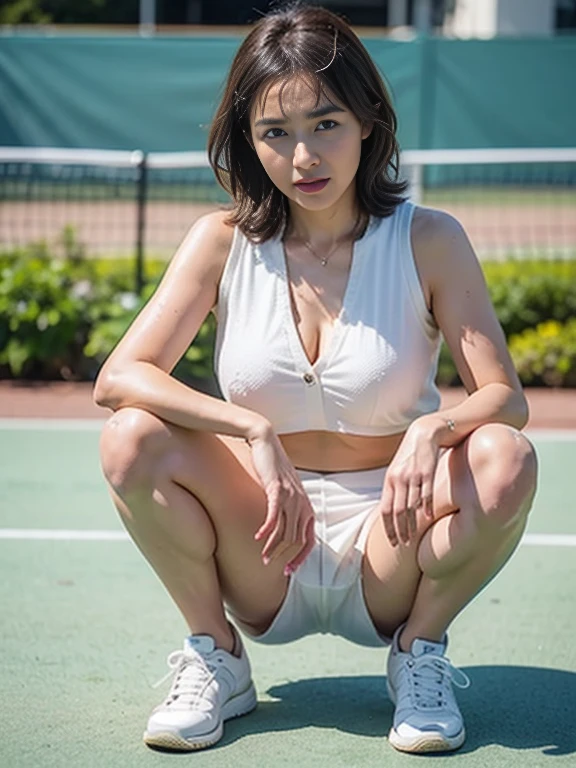 a sexy 16 years old Chinese girl with short blonde hair. She has very big breasts. Her waist is narrow, small butt.
She has naked big beautiful breasts and wears tight tennis panties. She squats in hot position on tennis court.
