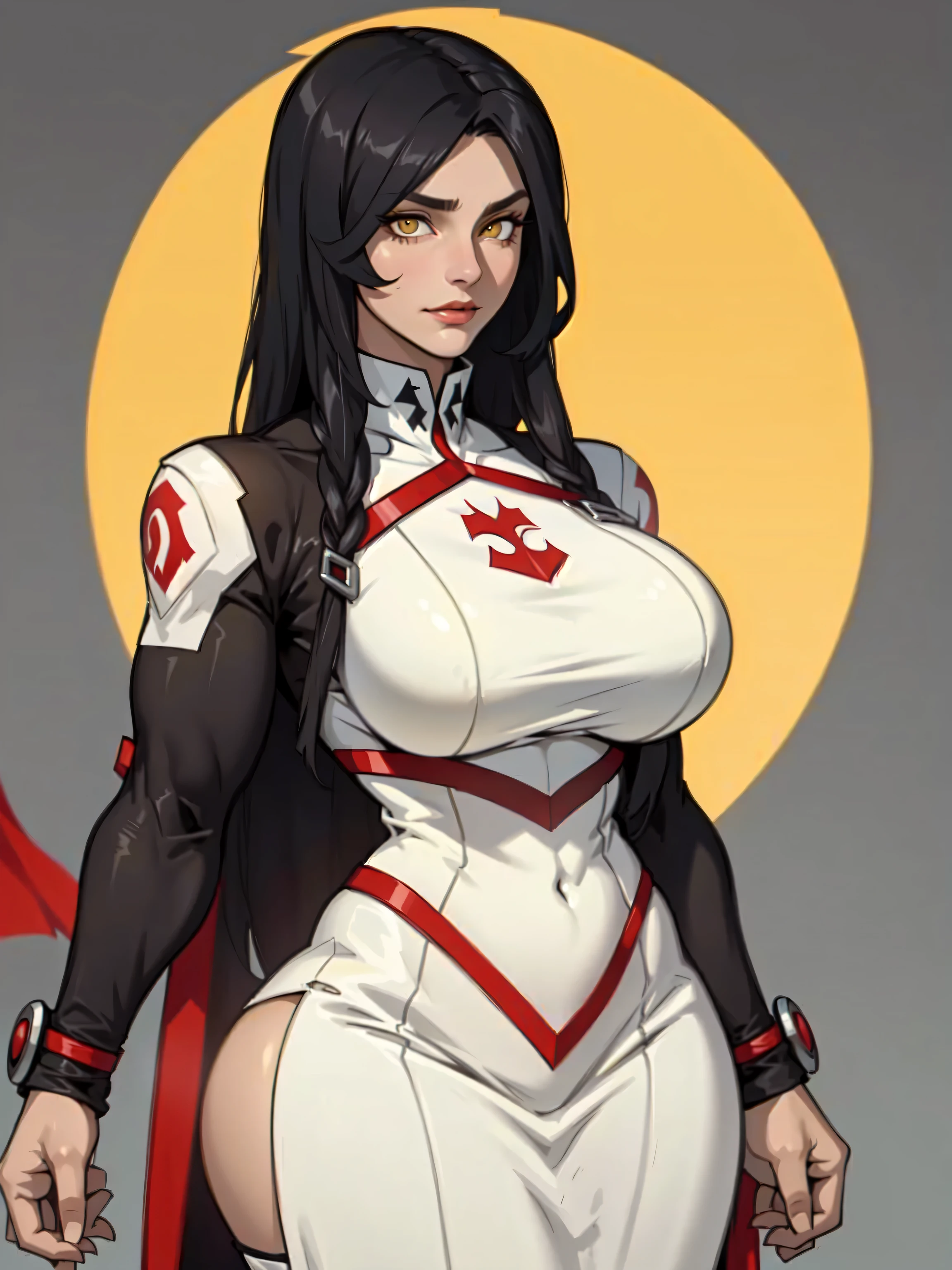 1girl solo black hair yellow eyes very long hair pale skin muscular muscular muscular muscular toned body huge muscles thick thighs girl tight clothes angry blushing long straight hair leggings tight shirt long sleeves thick thick thick thick long straight hair long straight hair long straight hair