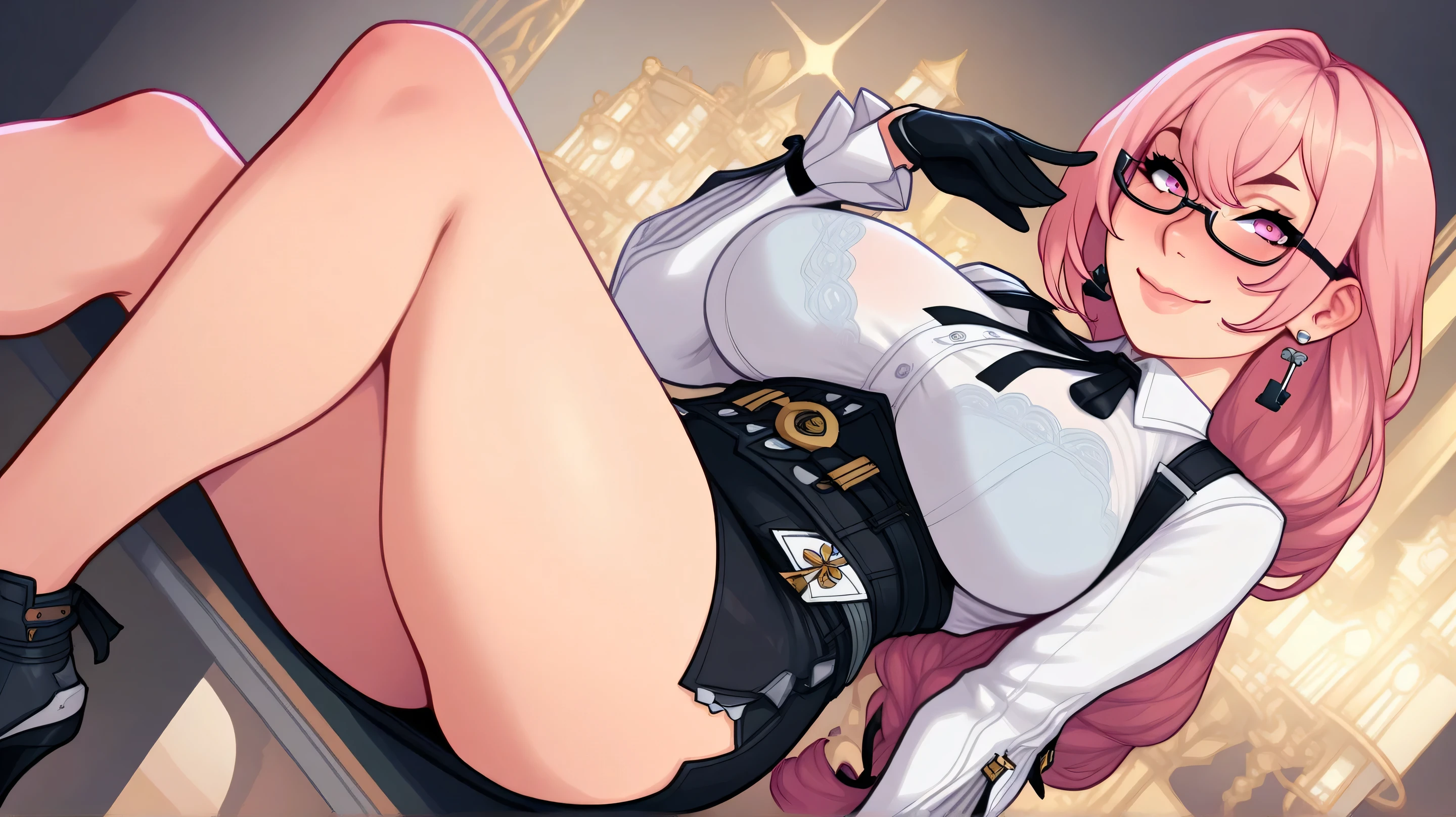 masterpiece, best quality, SilverwolfV5, 1girl, solo, looking at viewer, shirt, hair ornament, gloves, navel, cleavage, bare shoulders, jewelry, medium breasts, jacket, hair ribbon, white shirt, thighs, earrings, open clothes, shorts, sleeveless, choker, black gloves, hairclip, midriff, fingerless gloves, armpits, off shoulder, stomach, open jacket, crop top, sleeveless shirt, thigh strap, black shorts, sunglasses, fishnets, eyewear on head, open fly, micro shorts, bubble blowing, chewing gum, thigh focus,side waist,hand on hips,((from below)),simple background, backlighting, sweating,greasy thigh,greasy skin,greasy waist,jacket half off shoulder,hand holding jacket,armpit crease,((sweating)),blush,heavy breathing,steam,greasy thigh,greasy abdomen,smooth thigh,smooth abdomen,wet thigh,wet abdomen,greasy body,greasy shoulder,wet clothes,five fingers,frown,