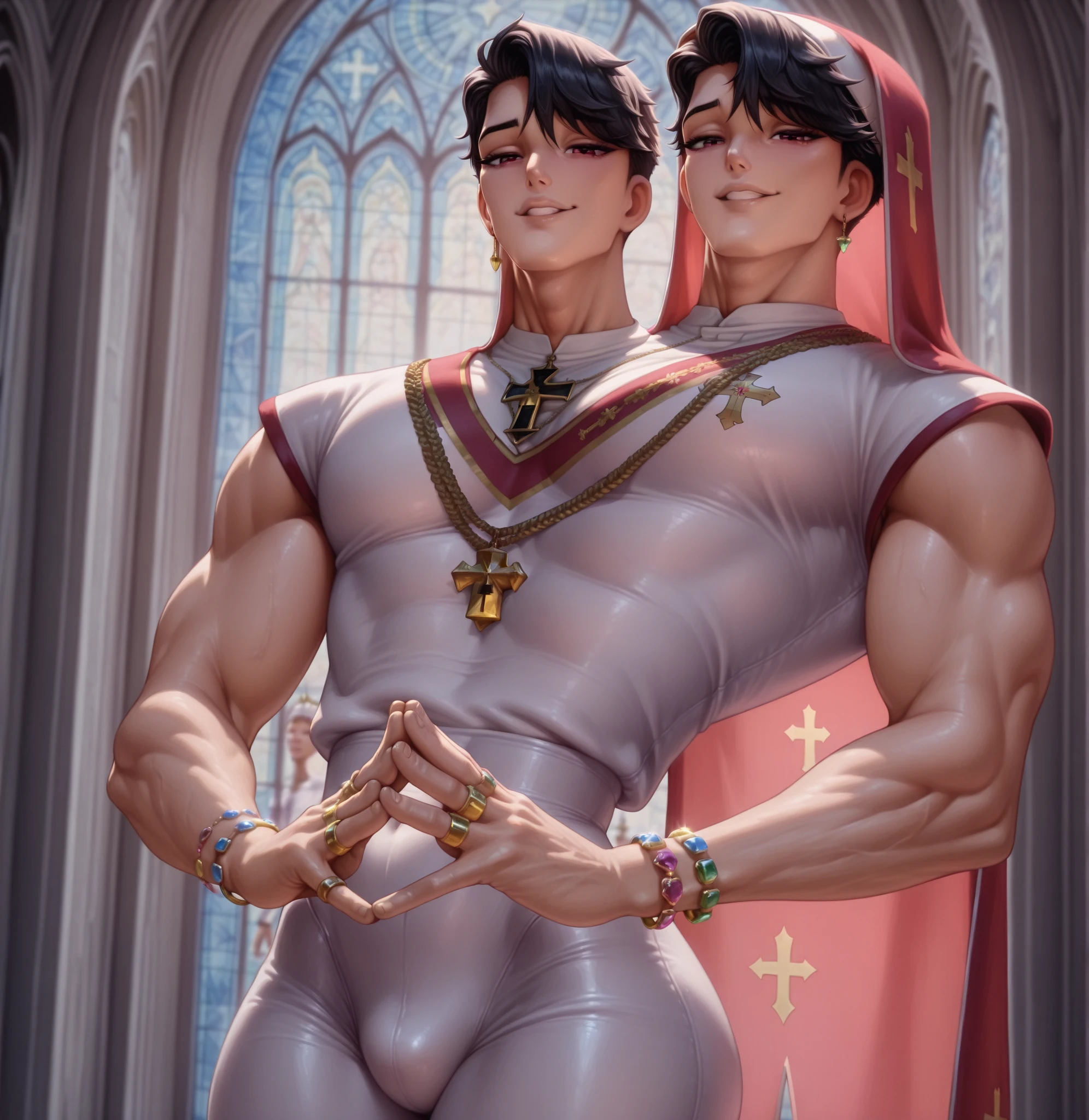 best quality, master piece, full body shot, highly detailed painting by alphonse mucha, ((((Two young men, 19 years old)))), athletic, attractive expression, earrings, fantasy,  dramatic pose, whole body,  concept art, Masterpiece, Oil paints, aesthetically pleasing, beautiful, high art, painting in the style of Alfonso Mucha, Art Nouveau, (((ancient Greek myths)), ((Two young men, 19 years old In short transparent white tunics)) athletic, athletically built, thin waist, prominent muscles, large, Volumetric elastic buttocks
