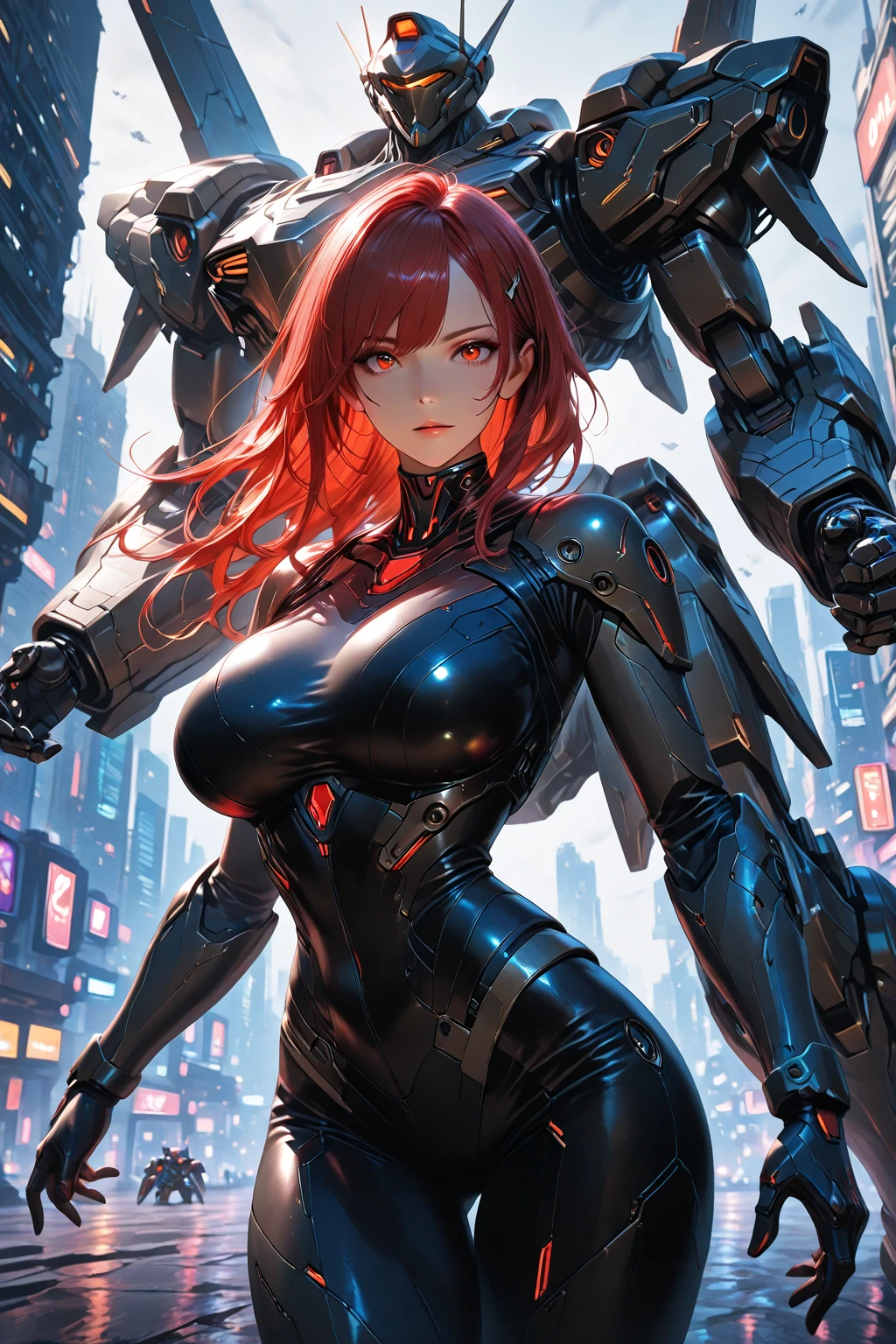 ((best quality)), ((masterpiece)), (detailed), Ghost in the Shell, tron Legacy, cyborg, elegant woman, cyberpunk, big breasts, short red hair, her body is very colorful, open legs, sunlight on her skin, sensual body, sunrise, sexy pose