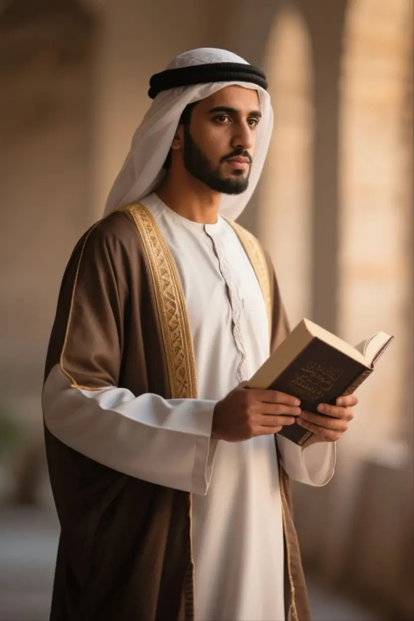 An arabic man with shabby white clothes. Preaching in front of people. The image taken from above.