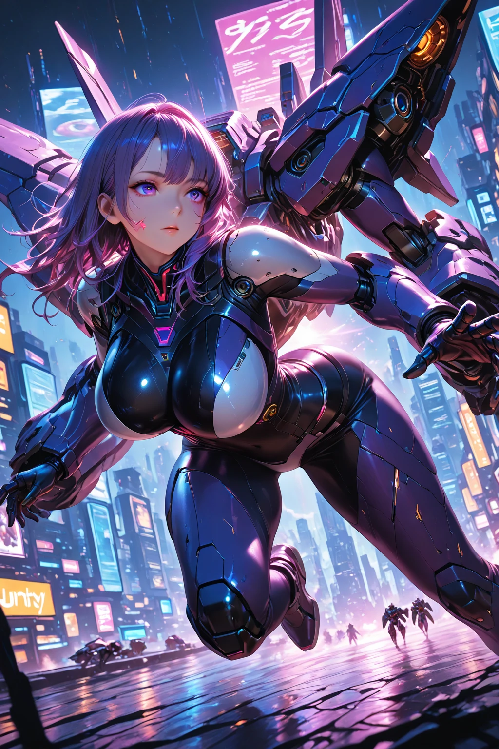 1 mature and seductive woman,(Detailed Description,Incredibly absurd,High resolution,8k wallpaper,masterpiece,Highest quality,Depth of region,Anatomically accurate depiction,A face with attention to detail, Eye for detail,Perfect body,Two lovely hands, Five perfect fingers),(Glowing Skin,Shiny skin,Oilskin),((Sexy female soldier)),(Futuristic body suit,Futuristic exoskeleton,Mechanical Wings,Mechanical thrusters,visor),eyelash,(Intensely glowing purple eyes,Large chest,Bewitching Smile,Glossy lipstick,The temptation to depravity,Sweat),(whole body),My hair is blowing in the wind,A strong wind is blowing,(background:The city seen from the air),(From above:1.3)