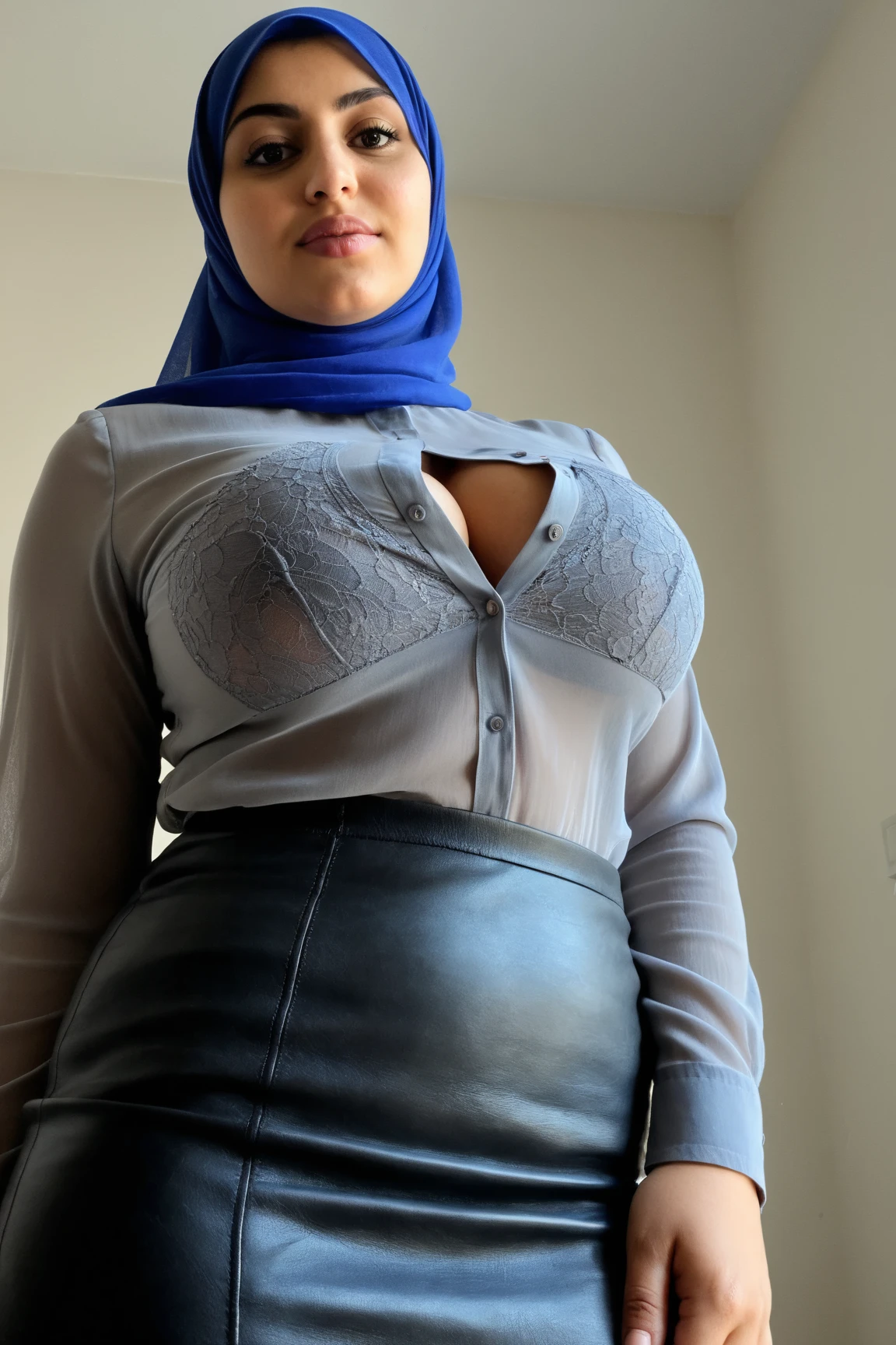 Brunette women wearing hijab,tight shirt,tight jeans,in her 30s,braless,curvy waist,seductive pose,