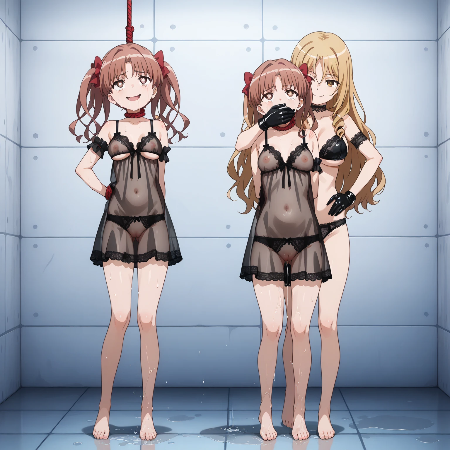 ((on stage,SM stage play)),((masterpiece,best quality anime,Highest quality:1.3)),realistic,cowboy shot,(30 year old beauty),exhibitionist,1woman,solo,((very small head:1.4)),((very long body:1.3)),red hair,bangs,((long ponytail hair)),gorgeous big eyes,brown eyes,shy,tears,((slender body:1.3,skinny)),small breasts,gleaming skin,shiny skin,sweat:1.2,(shibari,Red rope),naked,nipples,navel,vagina,arms behind back,kneeling,((Luxurious party venue、Luxury Hotel))、Naked women in the background,nsfw,