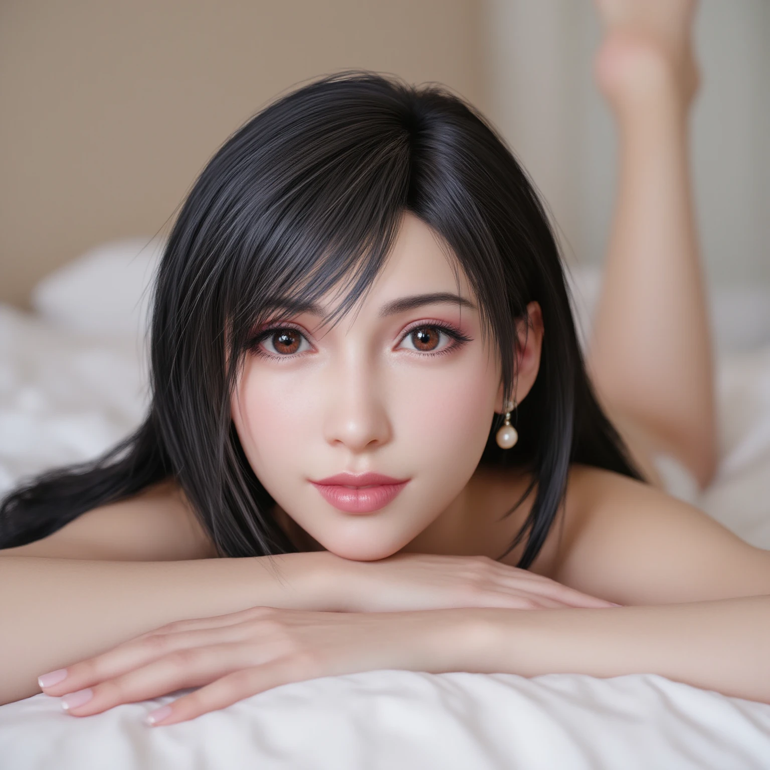 (A superb exquisite yukinoshitaYukino),(yukinoshitaYukino:1.5), brown eyes, black hair, natural straight hair, straight bangs, solo, nature, extremely delicate, straight facial features, peerless beautiful girl, soft, (sensual face), ((ecchi face)), dreamy quality, exaggerated facial features, solid color, frank holly, delicate face, bright lips, slender waist, soft curves, real light and shadow, super fine, 4k, natural moving, Ultra high resolution, (masterpiece:1.2, best quality), (finely detailed beautiful eyes: 1.2), (beautiful detailed face), sexy nude model, sexy pose, Medium chest, slender body, (bedroom),