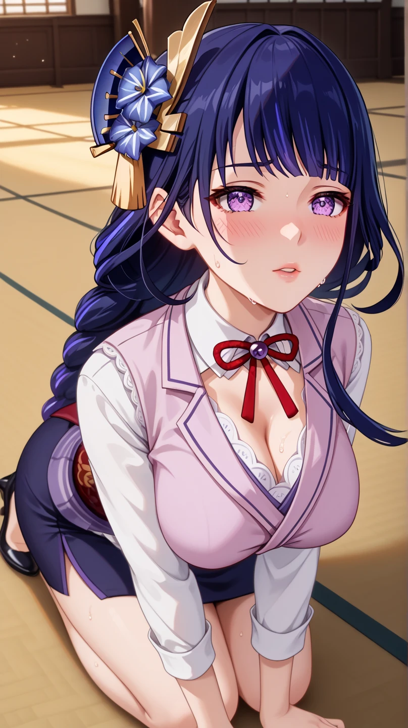 (((Pixel Perfect, Perfect detail))), (1 Girl, solo), takina inoue, long hair, bangs, twintails, black hair, (purple eyes:1.2), japanese clothes, kimono, apron, waist apron, blue kimono, waitress, Sitting, (between breast:1.3), (Showing panties:1.3), whole body