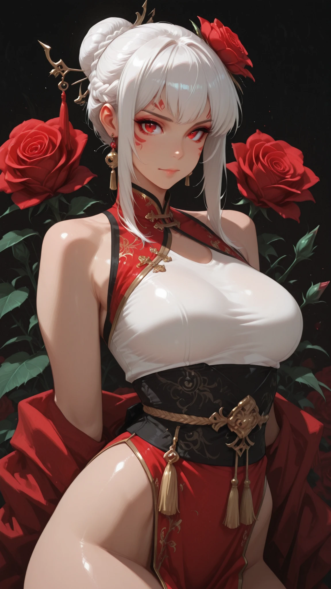 a close up of a woman in a Red dress with roses, Extravagant dress, 8k highly detailed , dressed beautiful gown, Wearing a wonderful dress, Red dress, Detailed dress and face, All red, beautiful gown, gown, elegant Red dress, red, Wearing a wonderful dress, Exquisite digital illustration,The most beautiful woman in the world、White Hair、White eyes、Best Style、Beautiful legs、whole body
