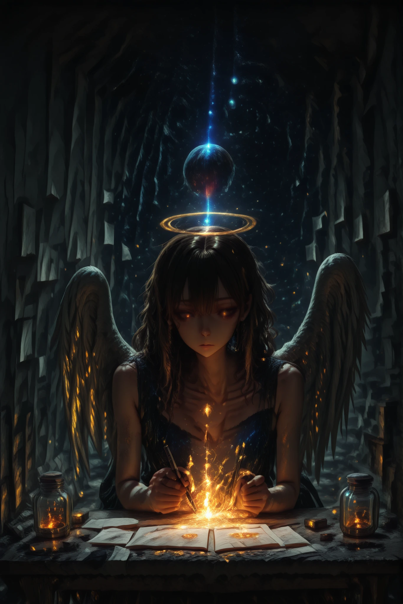 masterpiece, best quality, newest, dynamic angle, motion blur, downwards, (horoshiy_Hands), ((close-up of an ethereal girl)), upper body, portrait, ((colorful splash of effect, golden runes, angel halo, angel wings ,magic runes)), One Brown Eye, one silver eye, colorful eyes, ((space, The Earth below,  asteroids )), glowing eyes, ((sits on the chair, workbench, letter on parchment, holding a pen, ink jar on workbench)), unruly hair, brown hair, long bangs, combed strands, strict hair, glowing hair, very long hair, bright highlights , ornate dress, sleeveless, (gold cracks in the skin), upper body, long hair, constellation dress, modest dress, sleeveless, floating in space, ((floating papers, stacks of papers, conscientious secretary)), dynamic illustration, dramatic lighting, colorful splash of effect,