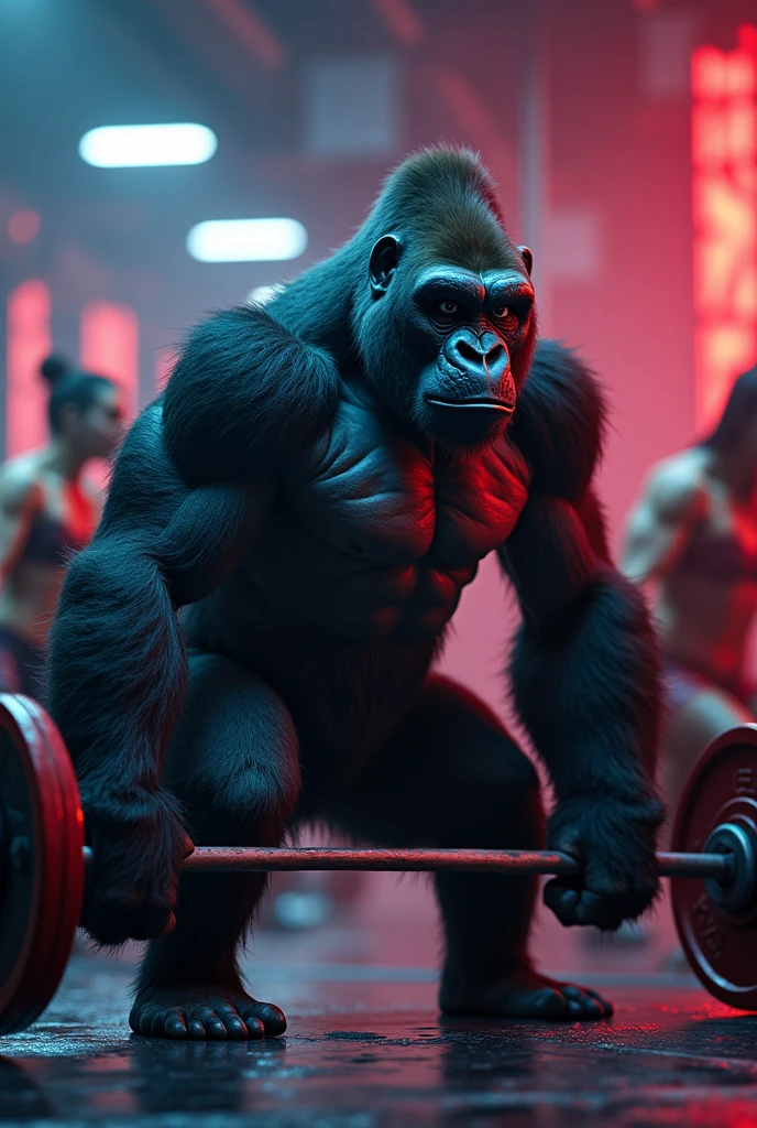 A gorilla working out in the cinematic gym