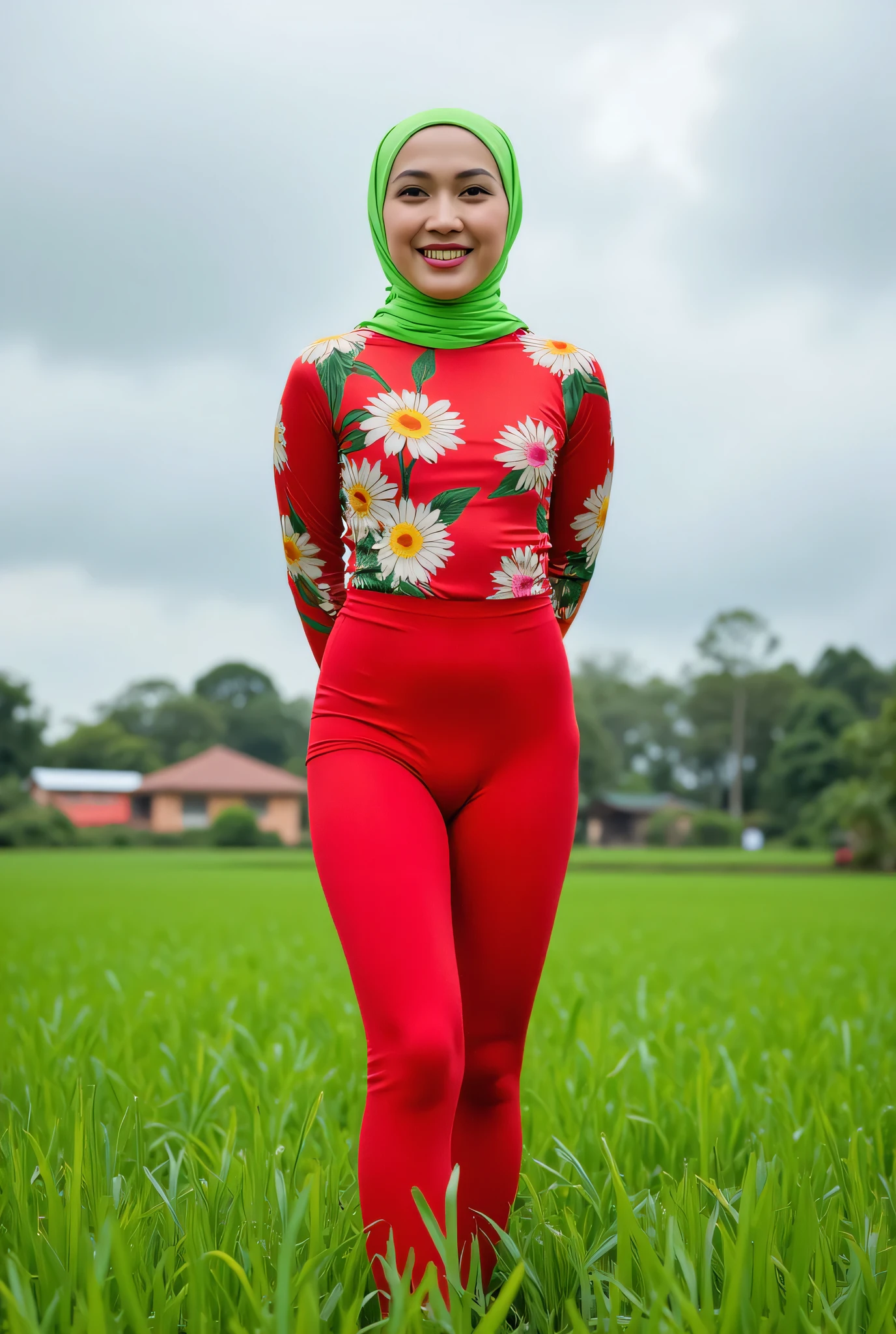 Just Front photo, (thin body) "Facial expression in Happy Orgasm", Wearing flora print hijab, (photorealistic:1.6) (Indonesian green Fluorescent hijab), (mini tiny tights Hotpants), background rice paddy. daytime atmosphere, flat chest!, hands behind back while legs astride, Look from the front you are stupid!, wearing Fully bright red flora print tight dress. Marching in the gray clouds 🤒